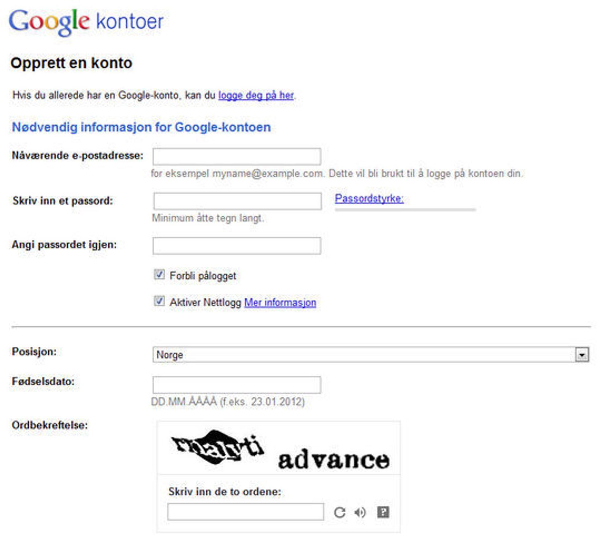 Det opprinnelige skjemaet for registrering av Google-konto