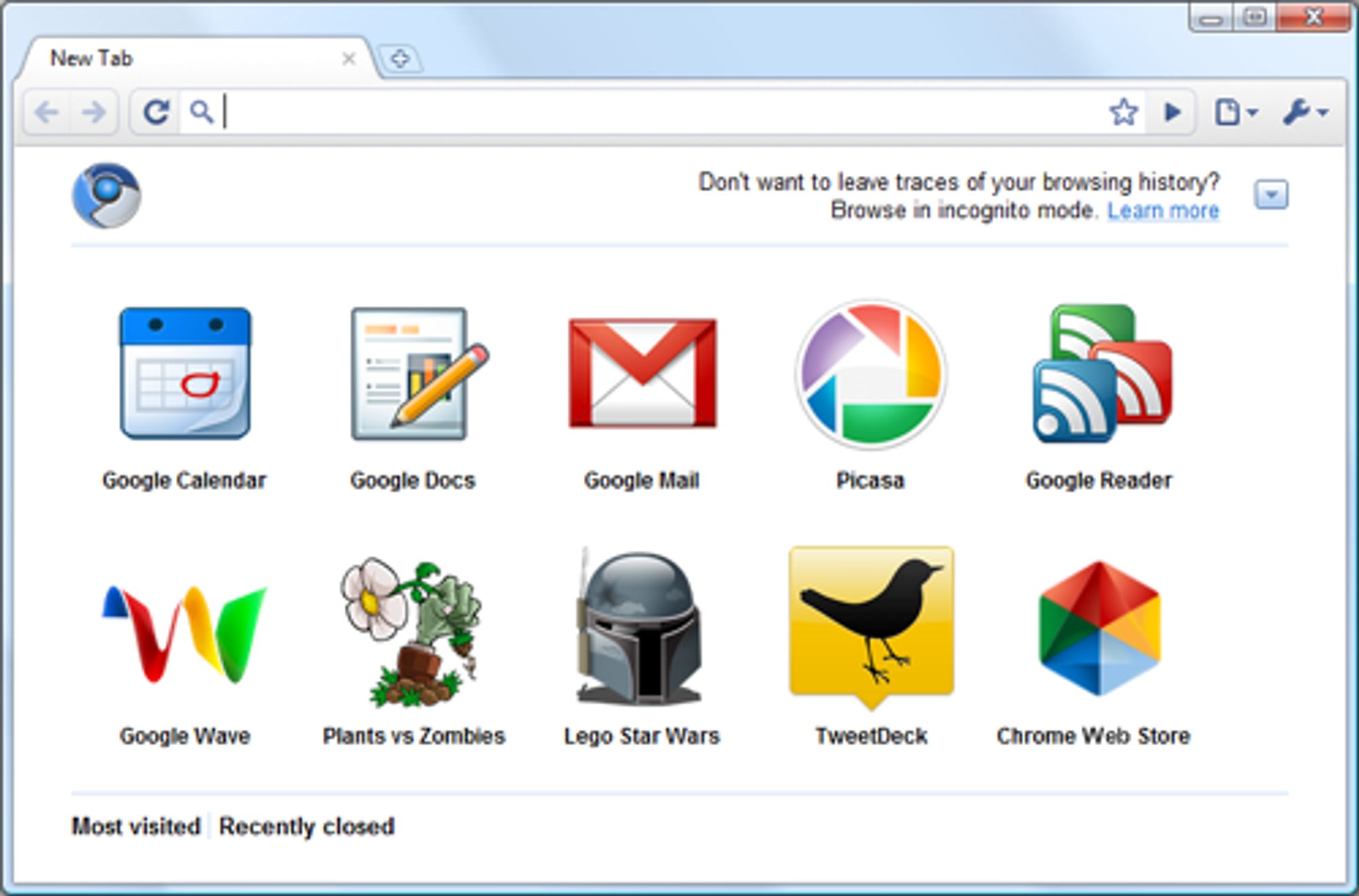 Snarveier til installerte webapplikasjoner vises på faneforsiden i Google Chrome.