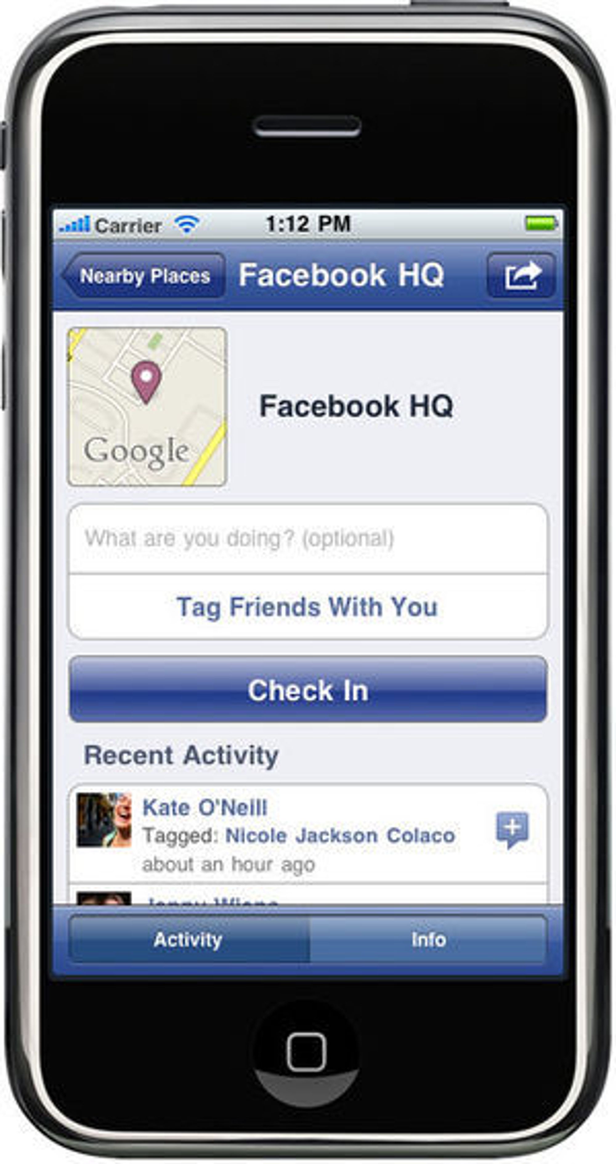 Facebook Places i Facebook-applikasjonen for iPhone.