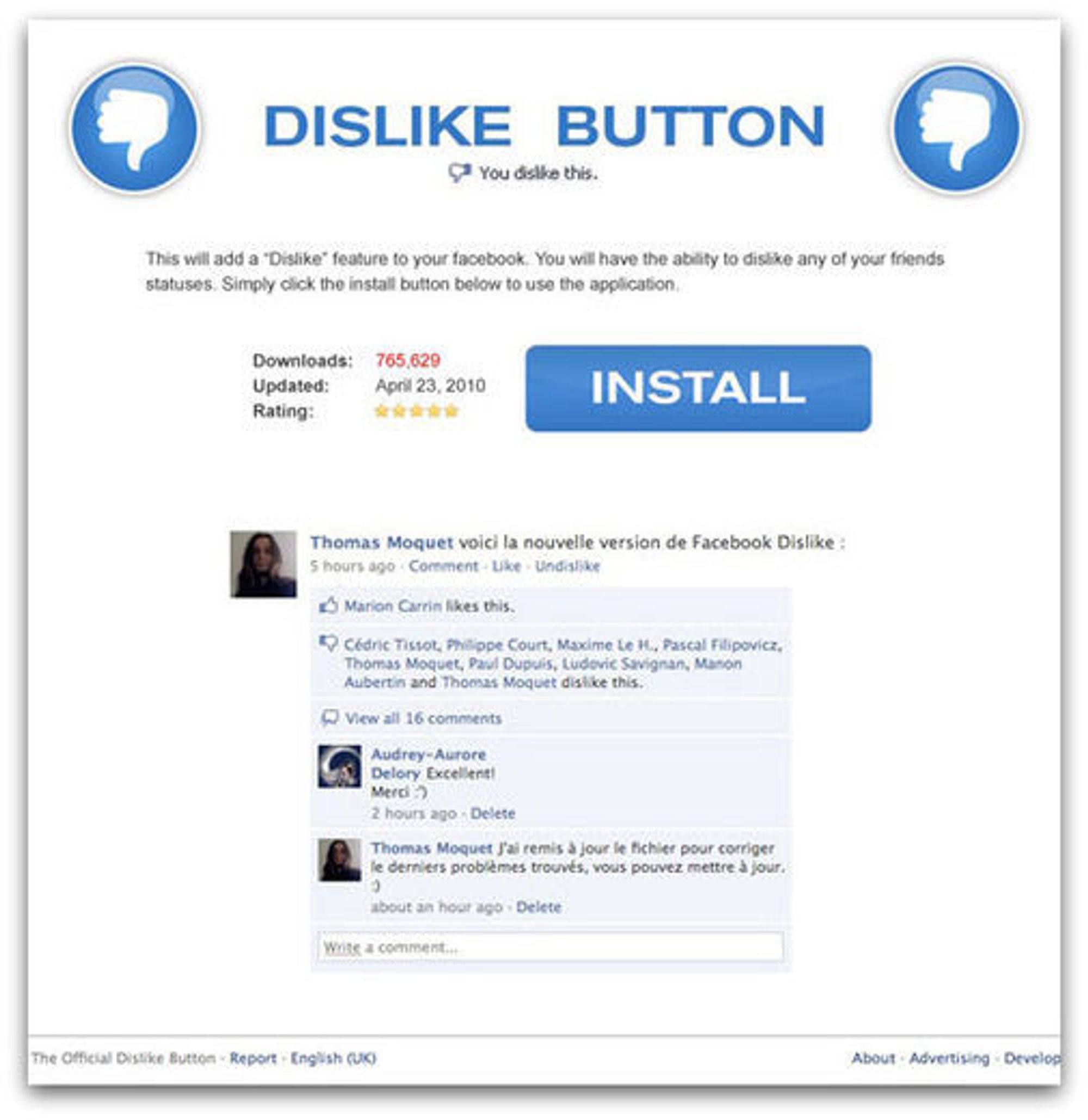 Installasjon av falsk Dislike-knapp i Facebook.