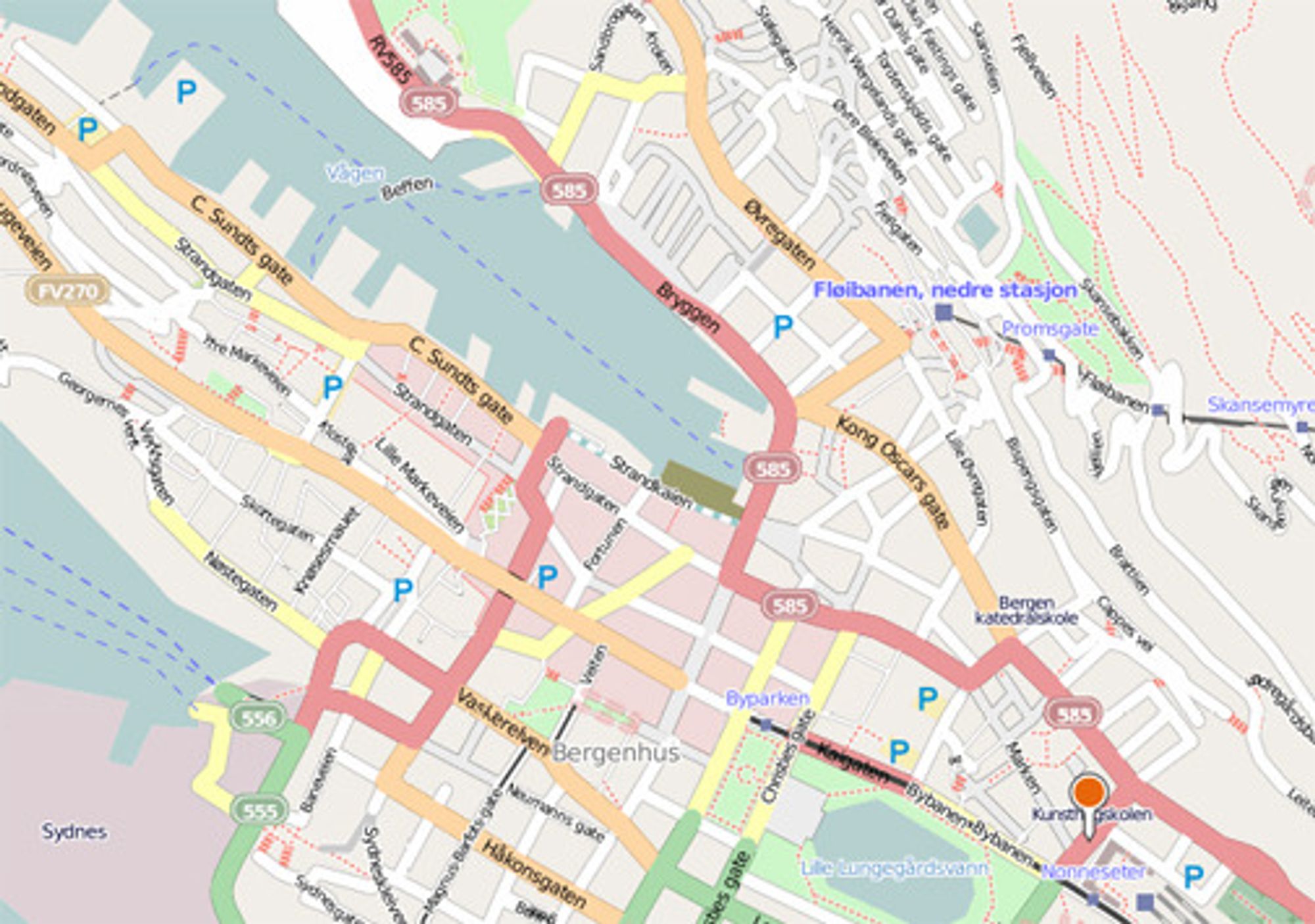 Slik ser sentrale Bergen ut med brukerskapte kartdata i Bing Maps med OpenStreetData.