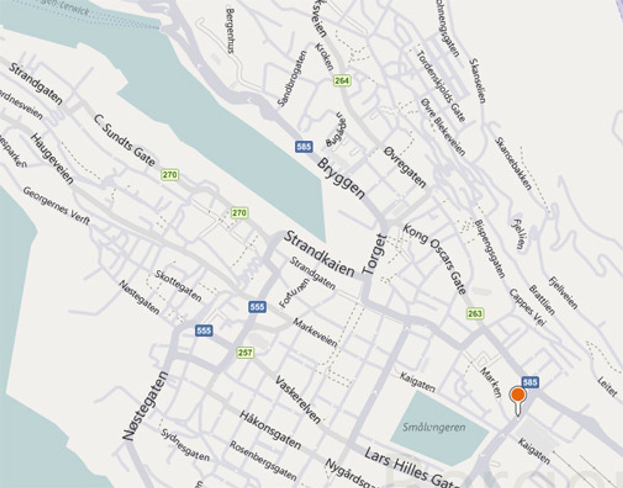 Bergen by er langt mindre detaljert i Microsofts vanlige Bing-kart.