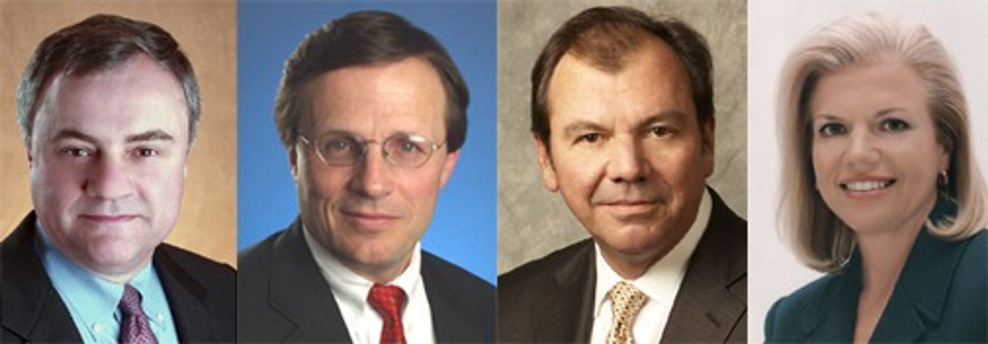 Opprykk: (fra v.) Steven Mills (58), Mark Loughridge (57), Michael Daniels (56) og Virginia Rometty (52). De to siste nevnes som de heteste kandidatene til topplederjobben når Palmisano går av med pensjon.