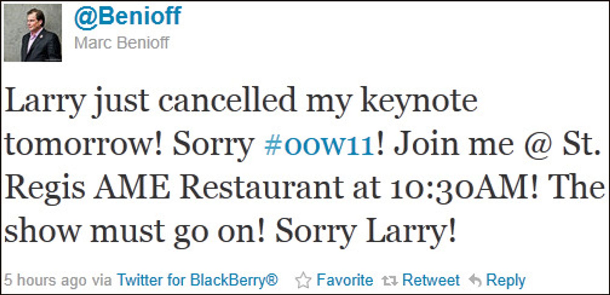 The show must go on: Sorry Larry, skriver SalesOffice-sjefen i en twittermelding.