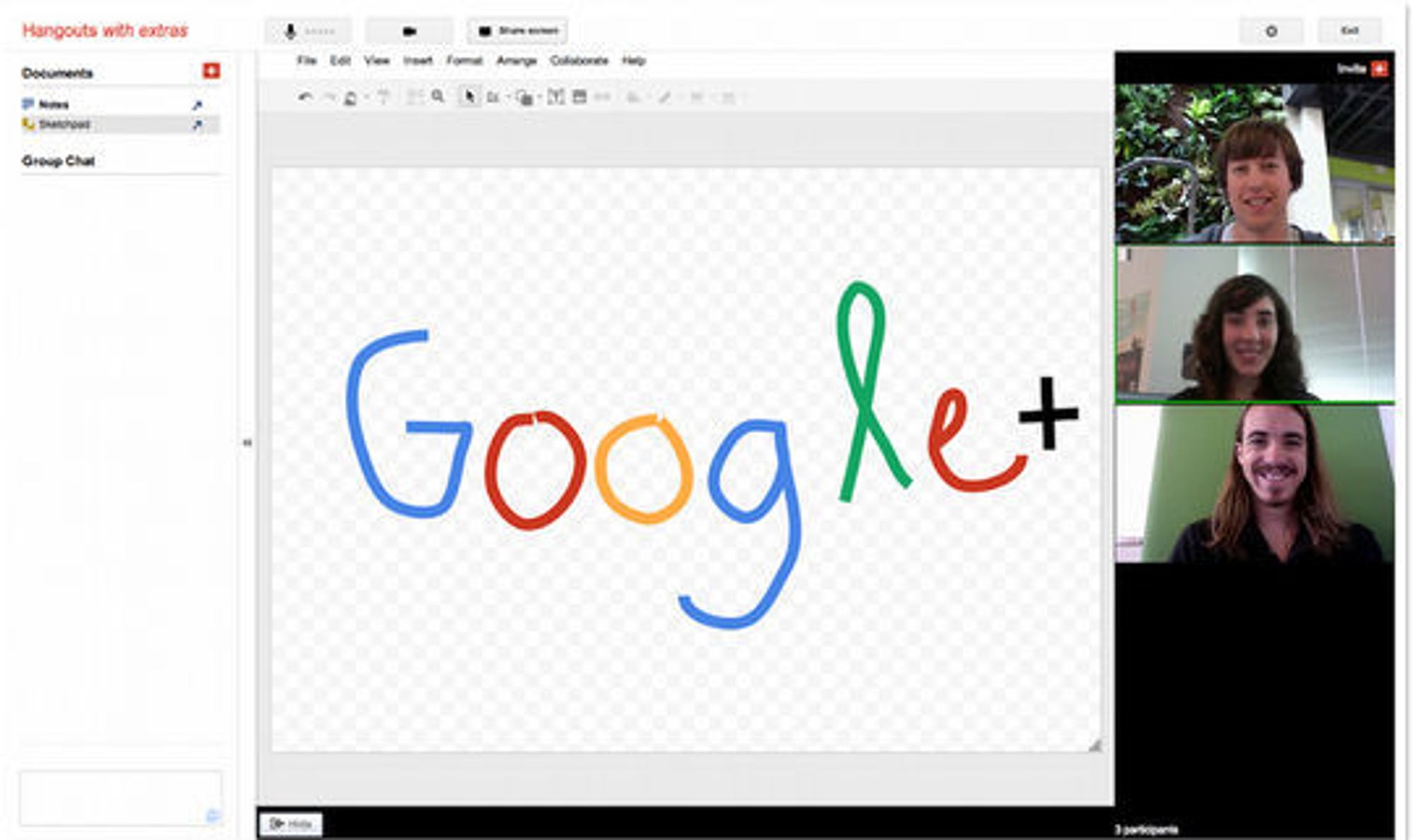 Google+ Hangouts med deling av notatblokken Sketchpad.