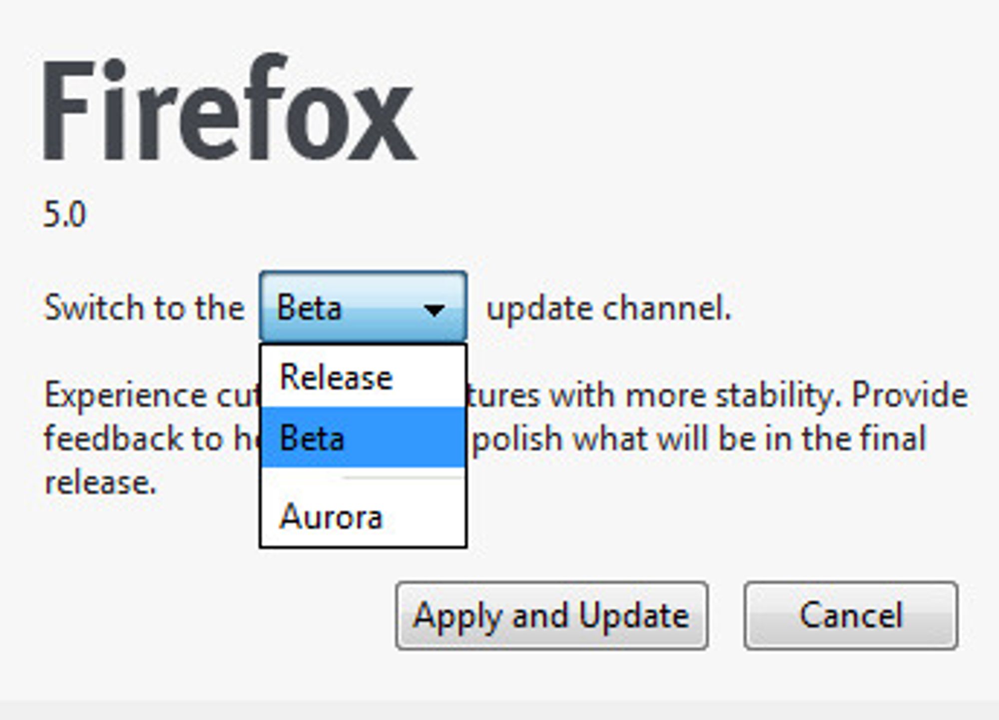 Valg av oppdateringskanal i Firefox 5 beta.