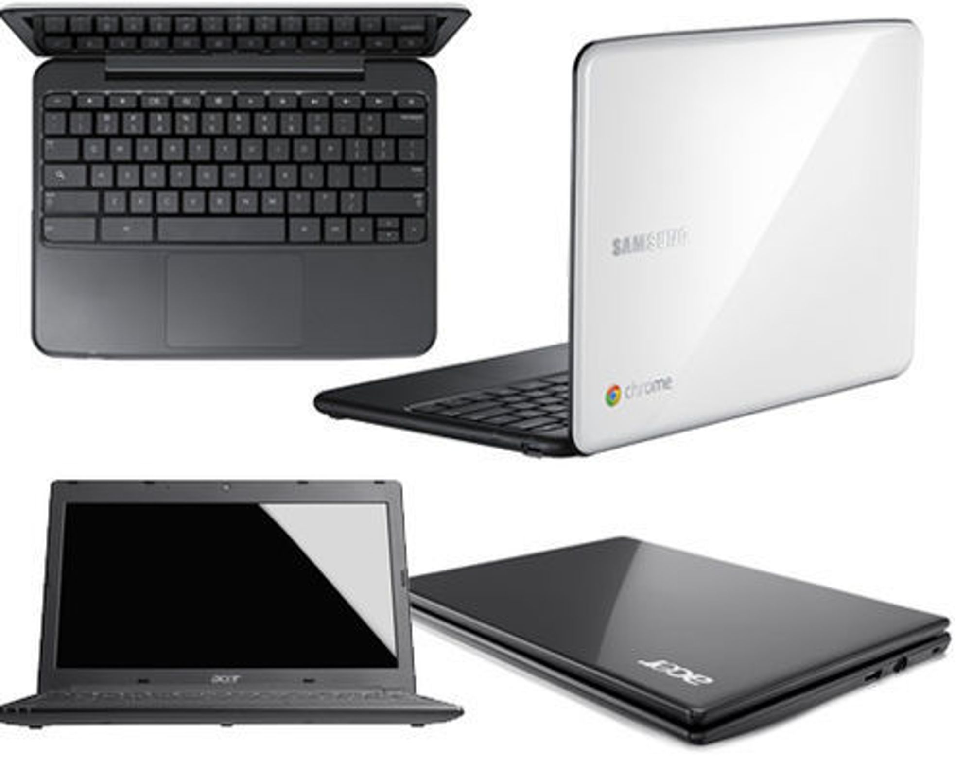 Chromebook fra Samsung (øverst) tilbys i to ulike farger. Modellen fra Acer under har litt mindre skjerm og en lavere pris.