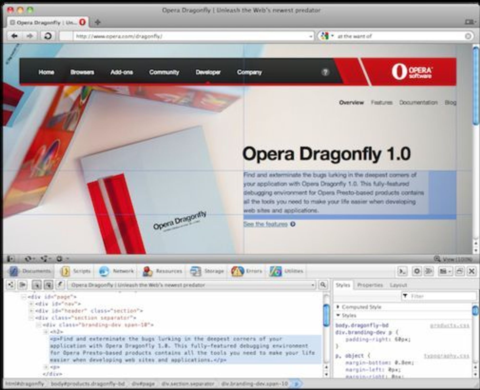 Utviklerverktøyet Opera Dragon er tett integrert med Opera-nettleseren.