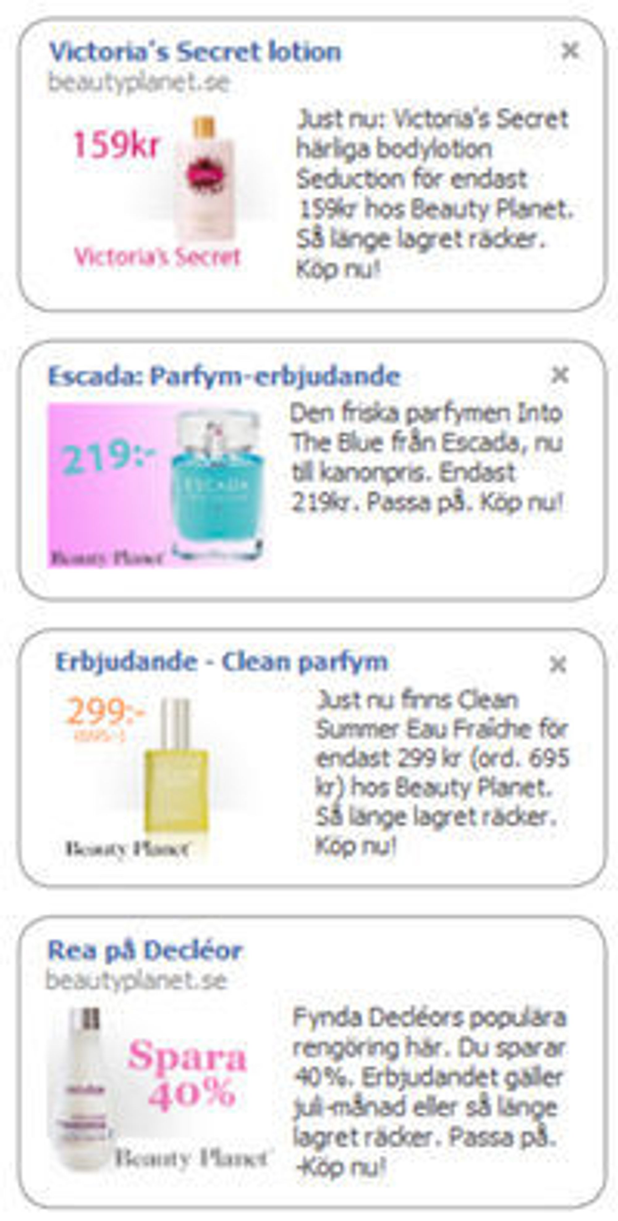 Eksempler på BeautyPlanet.se-annonser på Facebook.