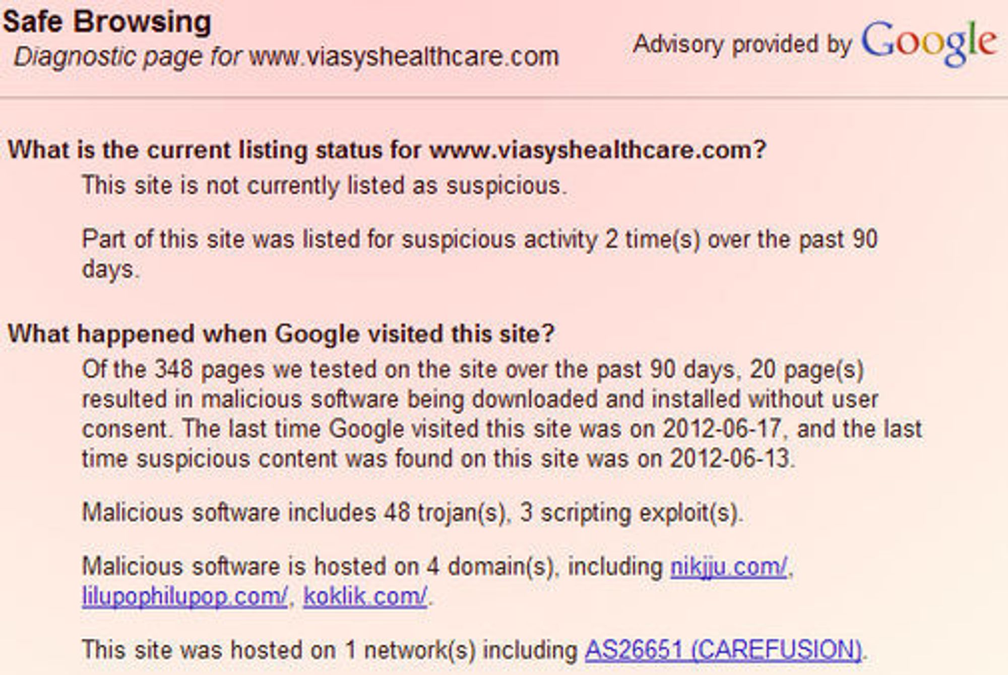 Googles rapport viser at trojanerne ble sist observert 13. juni, én uke etter at professor Keng Fu kom med sin advarsel. Nettstedet er nå stengt, og erstattet av en plakat.