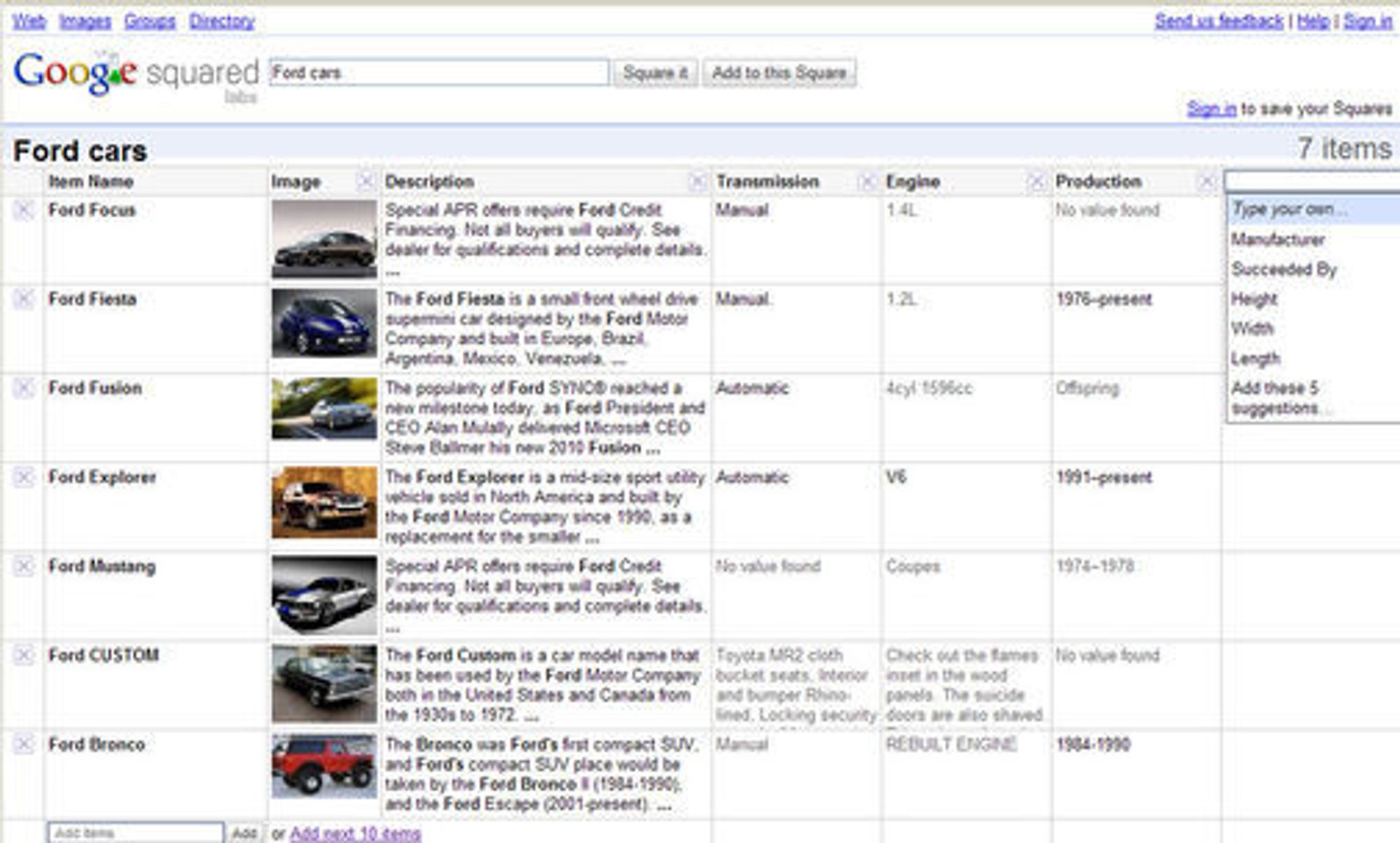 Søk etter biler fra Ford i Google Squared.