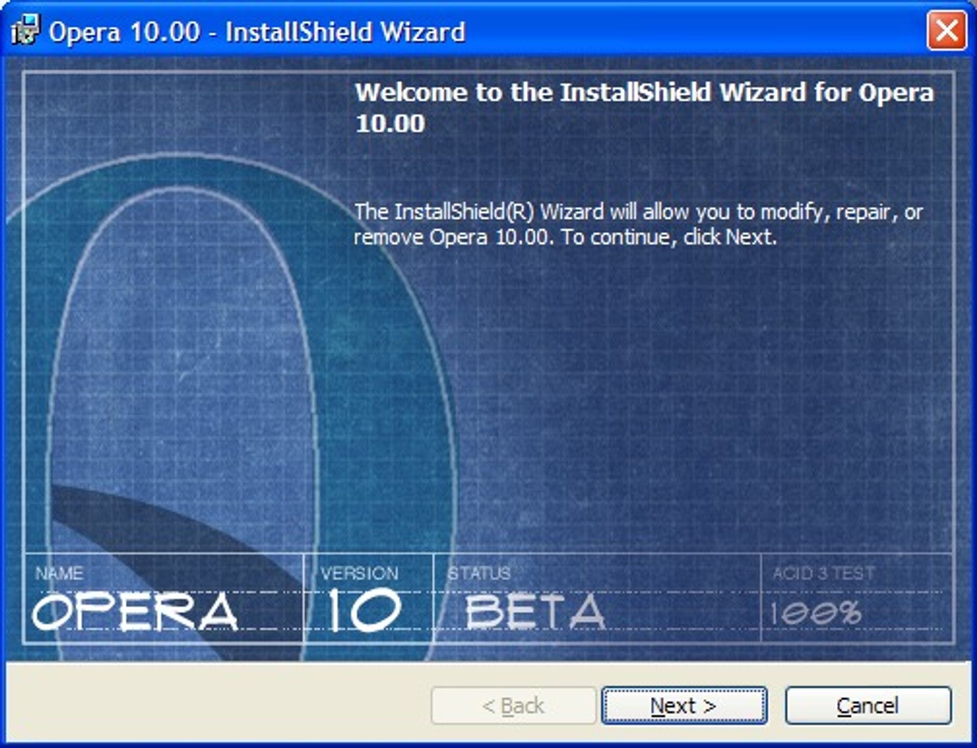Fra installasjonsprogrammet til Opera 10 beta