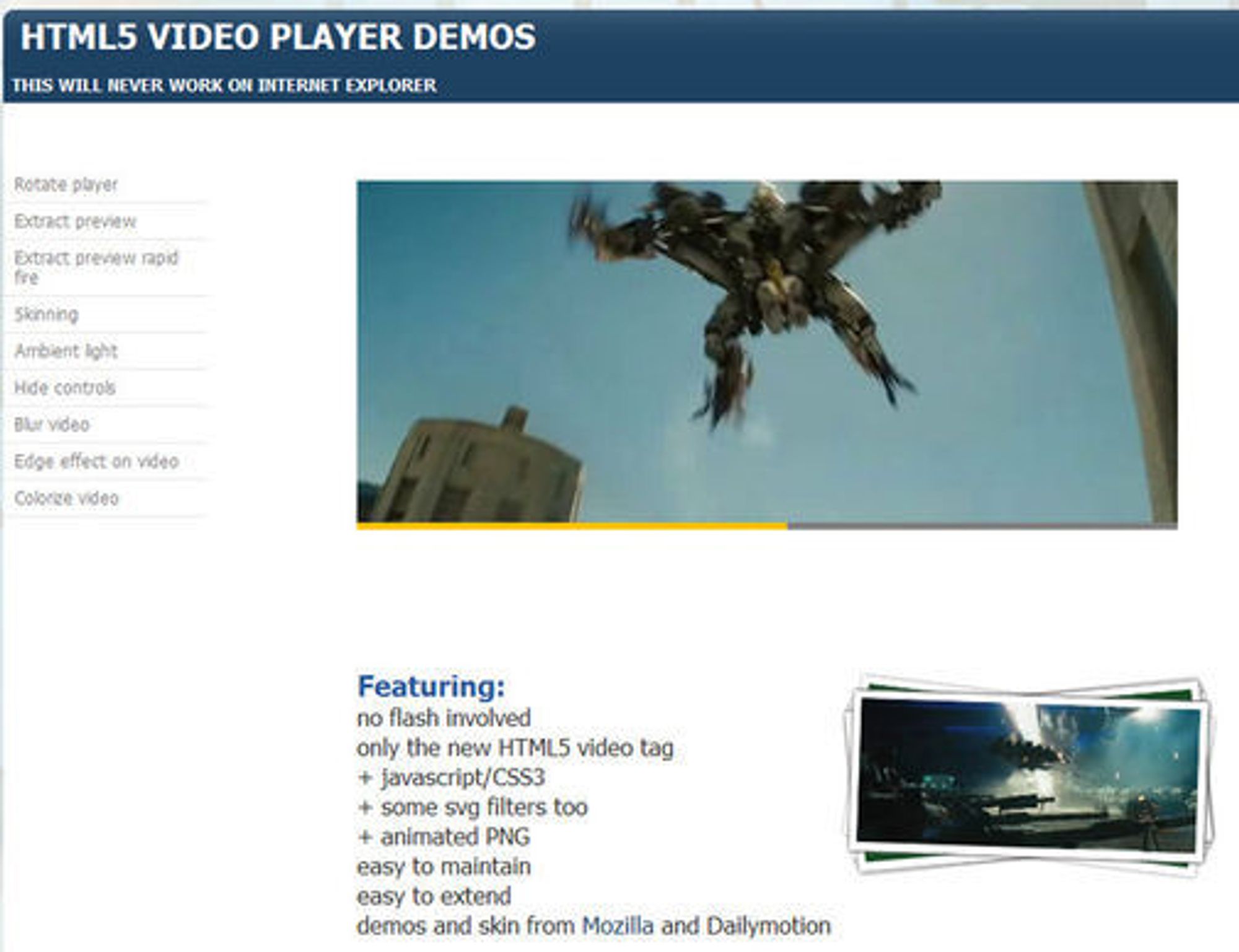 Dailymotions demonstrasjon av en HTML 5-basert videospiller. Til venstre finnes det flere muligheter til å manipulere avspillingen.