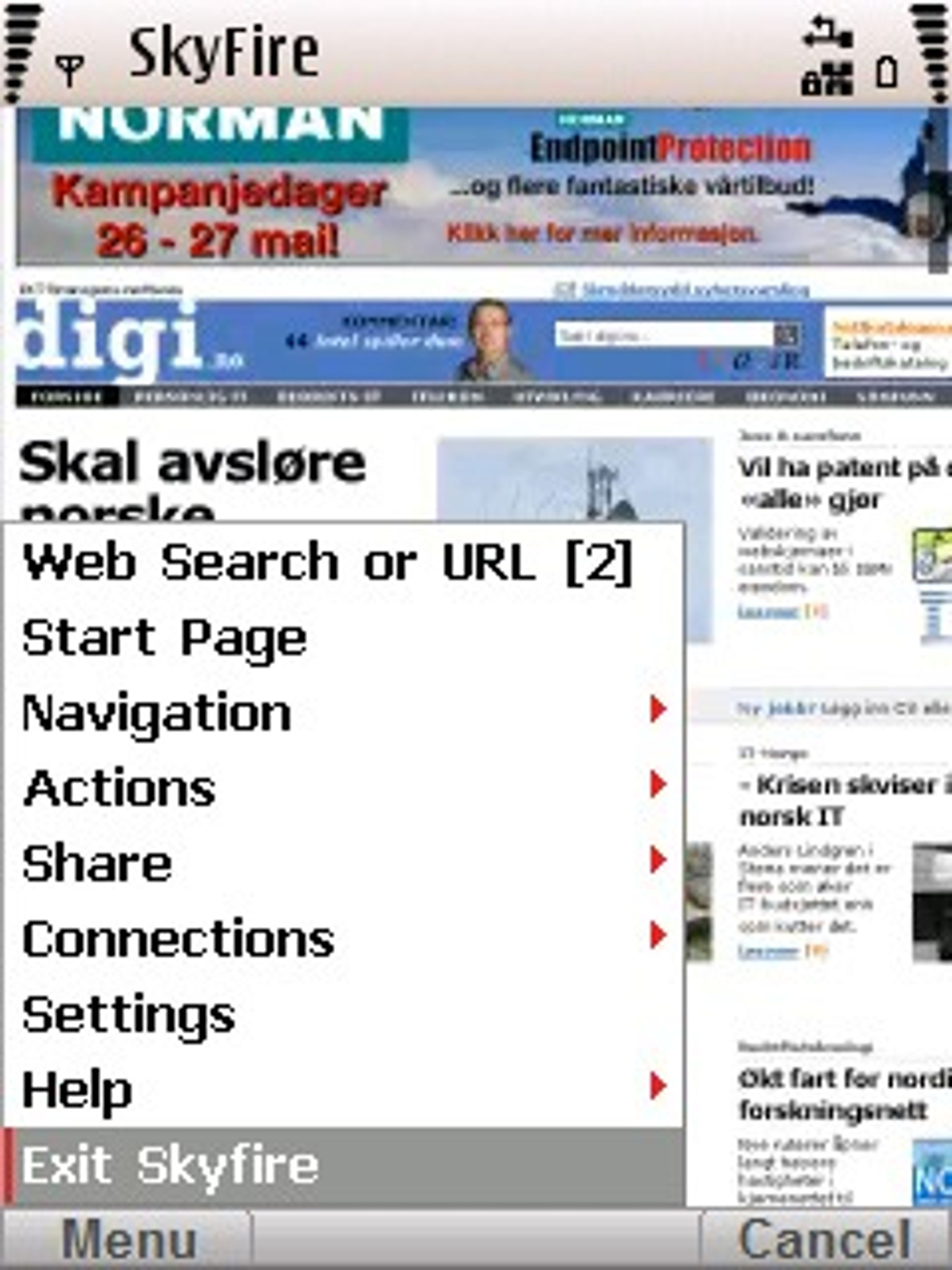 Menyvalgene i Skyfire 1.0 på en Nokia-mobil.