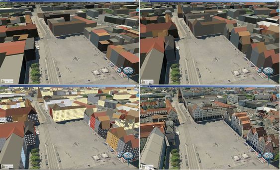 Blom3D-modeller fra Rostock, vist med de fire ulike detaljnivåene.