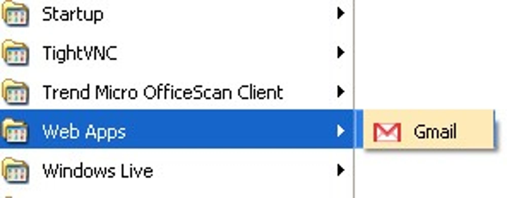 Webapplikasjonene som kjøres med Prism kan startes fra startmenyen i Windows.