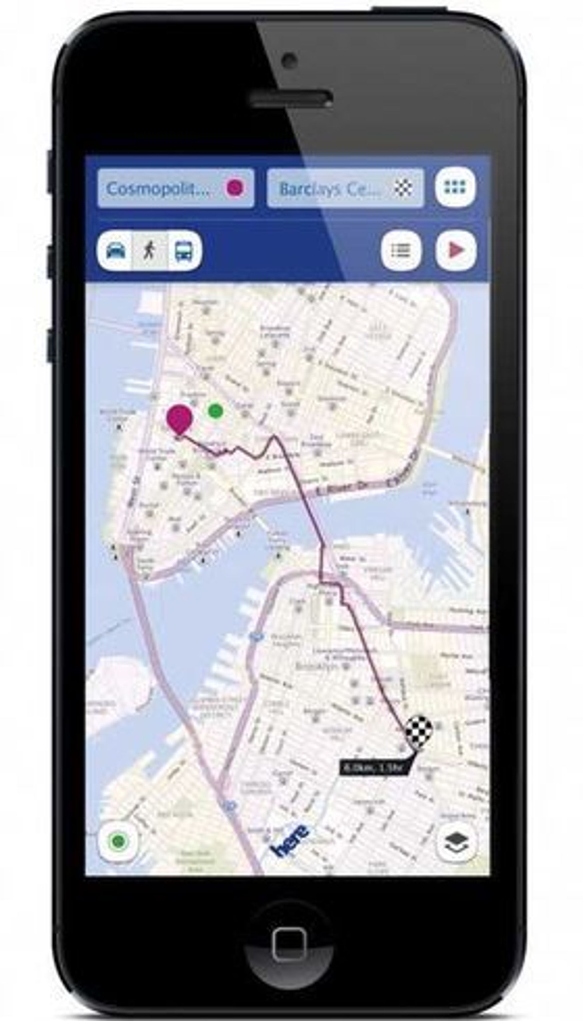 Nokia Here-appen til iOS. Her vises navigasjon for fotgjengere.