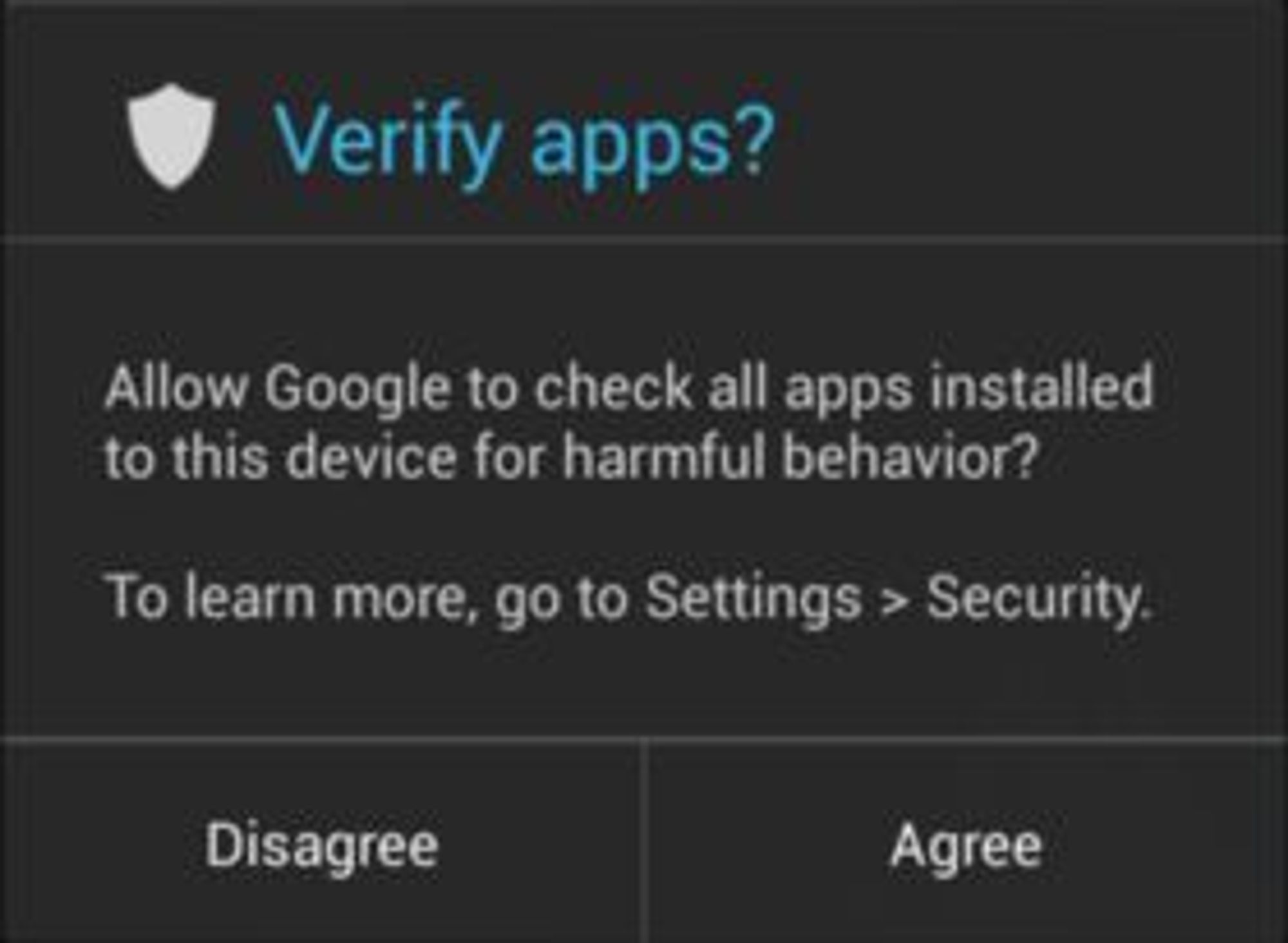 Android 4.2 spør brukeren om applikasjoner skal kontrolleres, dersom de installeres fra andre kilder enn Google Play Store.
