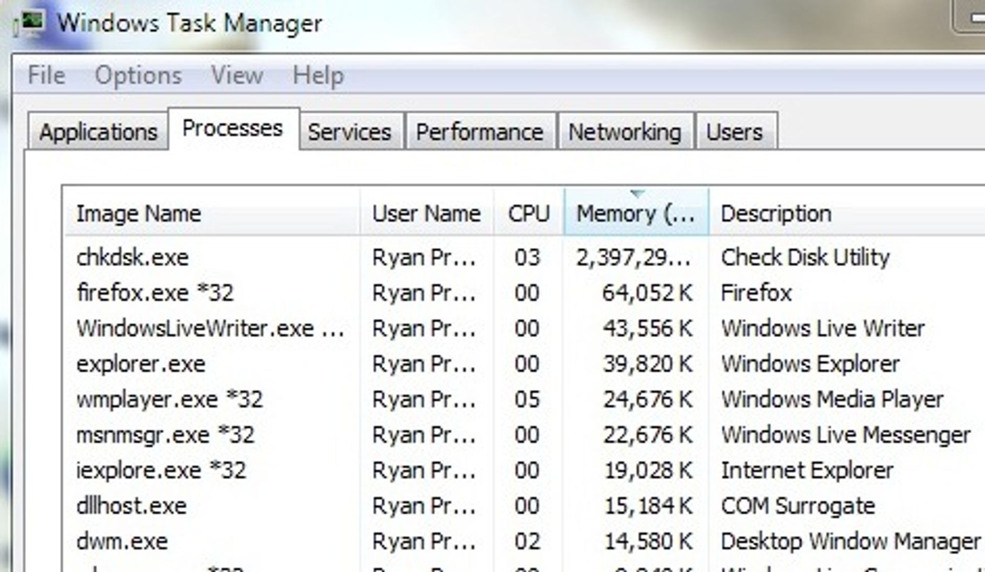 chkdsk krever mye minne i Windows 7.