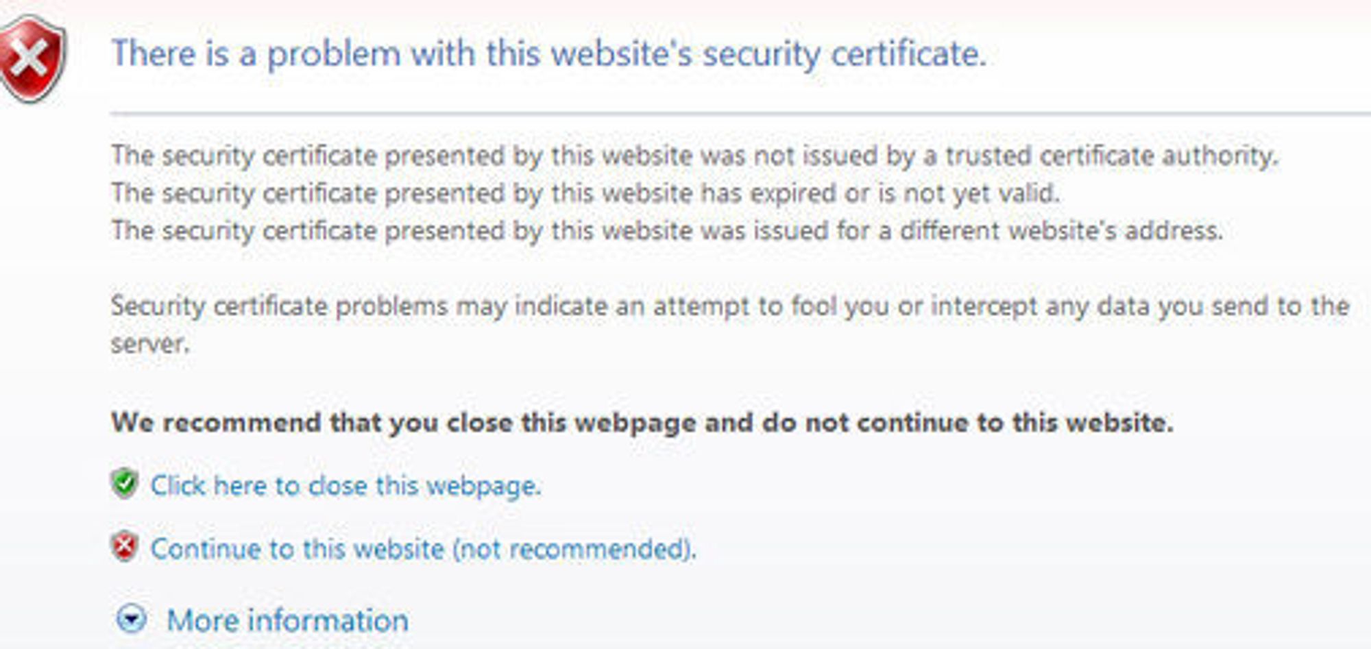 Advarsel om ugyldig sertifikat i Internet Explorer 8.