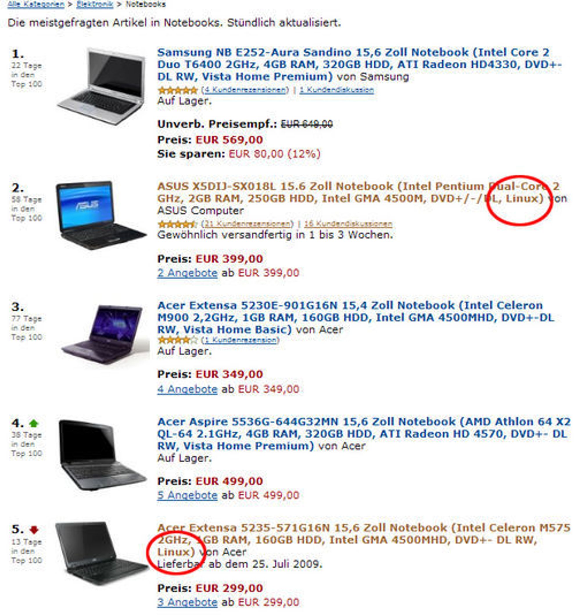 Faksimile fra Amazon.de hvor to Linux-pcer er blant de fem mest solgte, bærbare pcene.