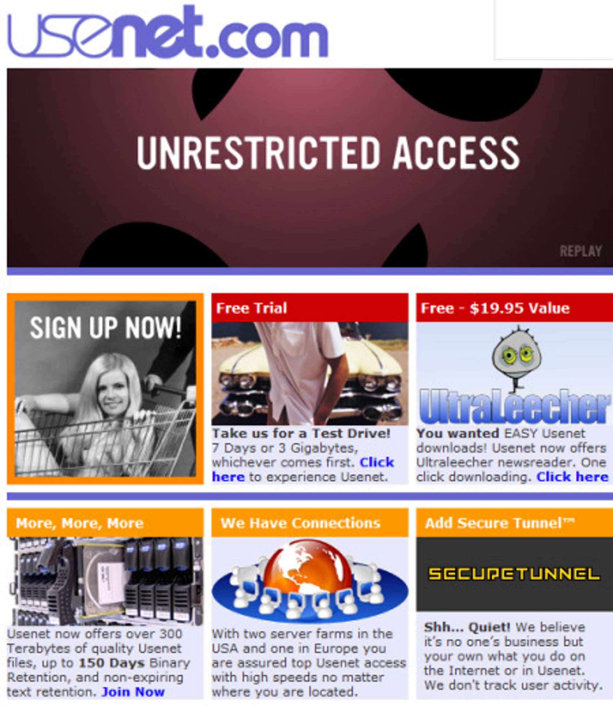 Hjemmesiden til Usenet.com i oktober 2007. Legg merke til rubrikken merket "secure tunnel". I dagens utgave er den erstattet med en mer diskret reklame for SSL og personvern.