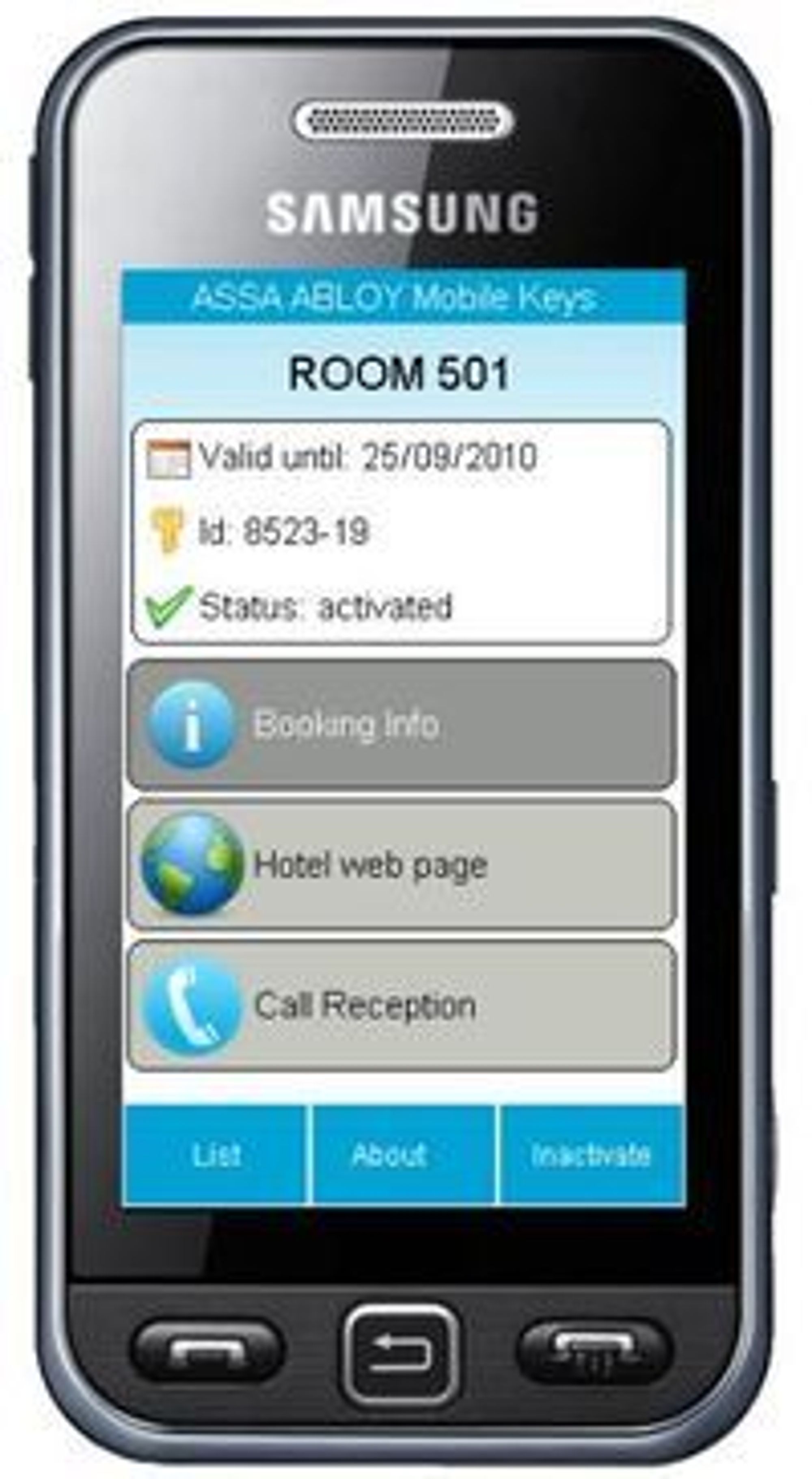 Dital hotellromnøkkel på Samsung-mobil med NFC-støtte.