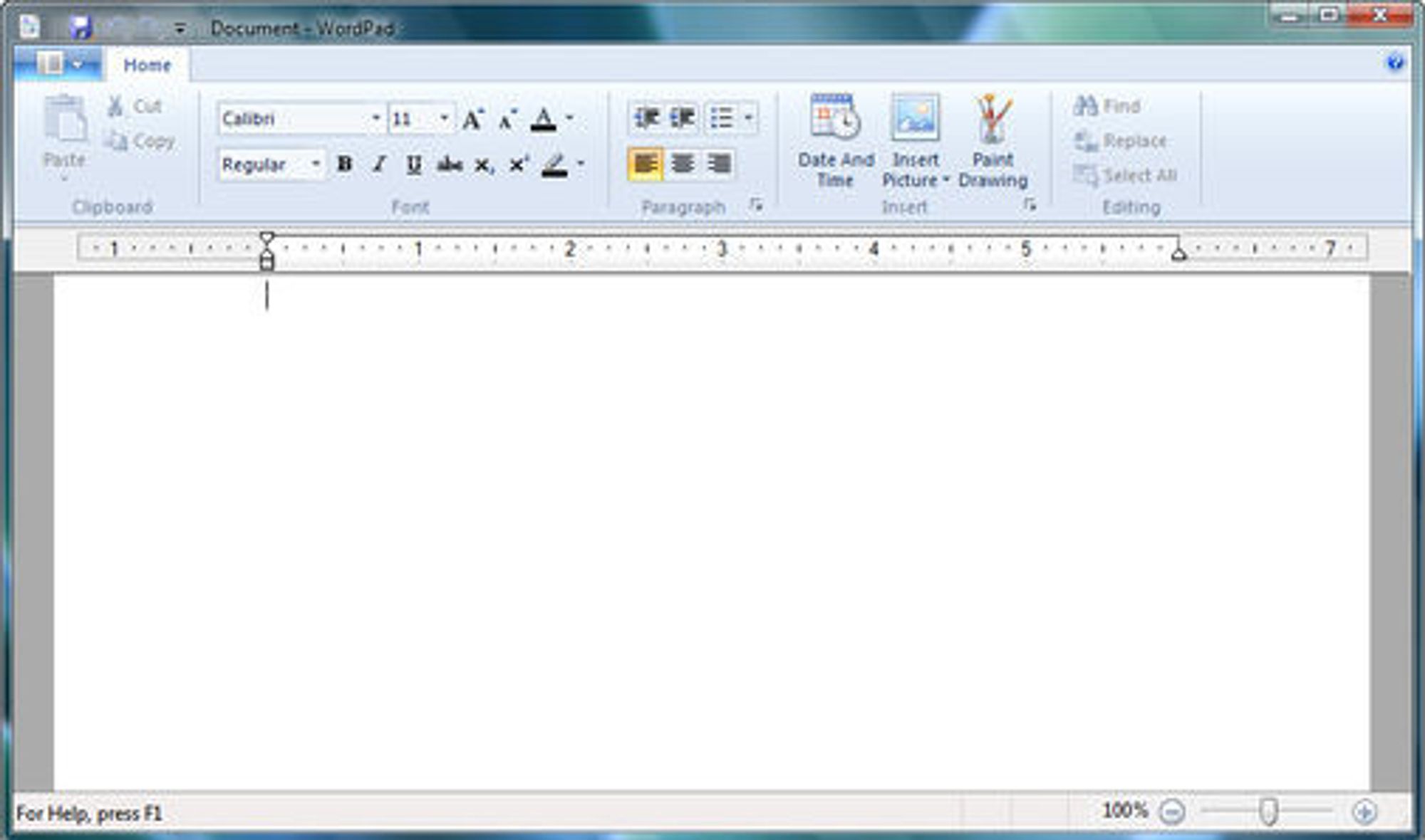 Skriveverktøyet Wordpad, nå med ribbons.