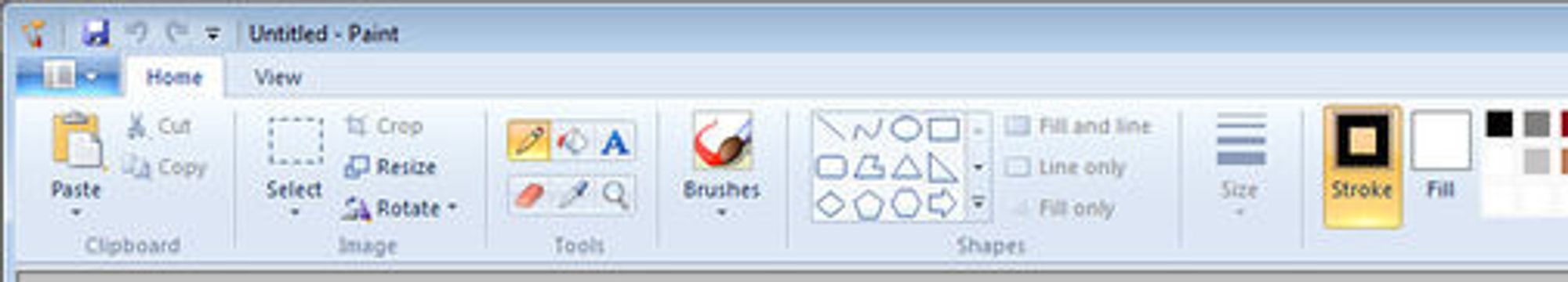 Utsnitt av oppgavebåndene i en tidlig utgave av Paint-programmet til Windows 7. Bilde: UX Evangelist.