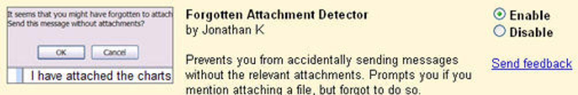 Dialogen for å aktivere Forgotten Attachment Detector i GMail.