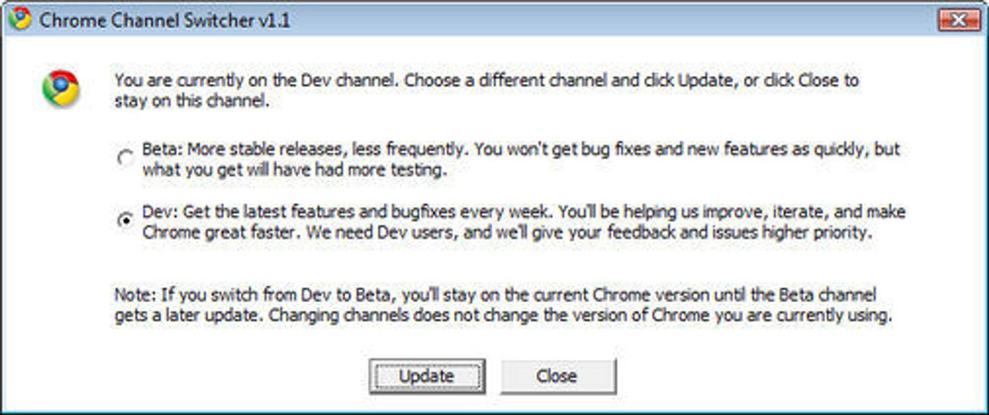 Valg av oppdateringskanal for Google Chrome.