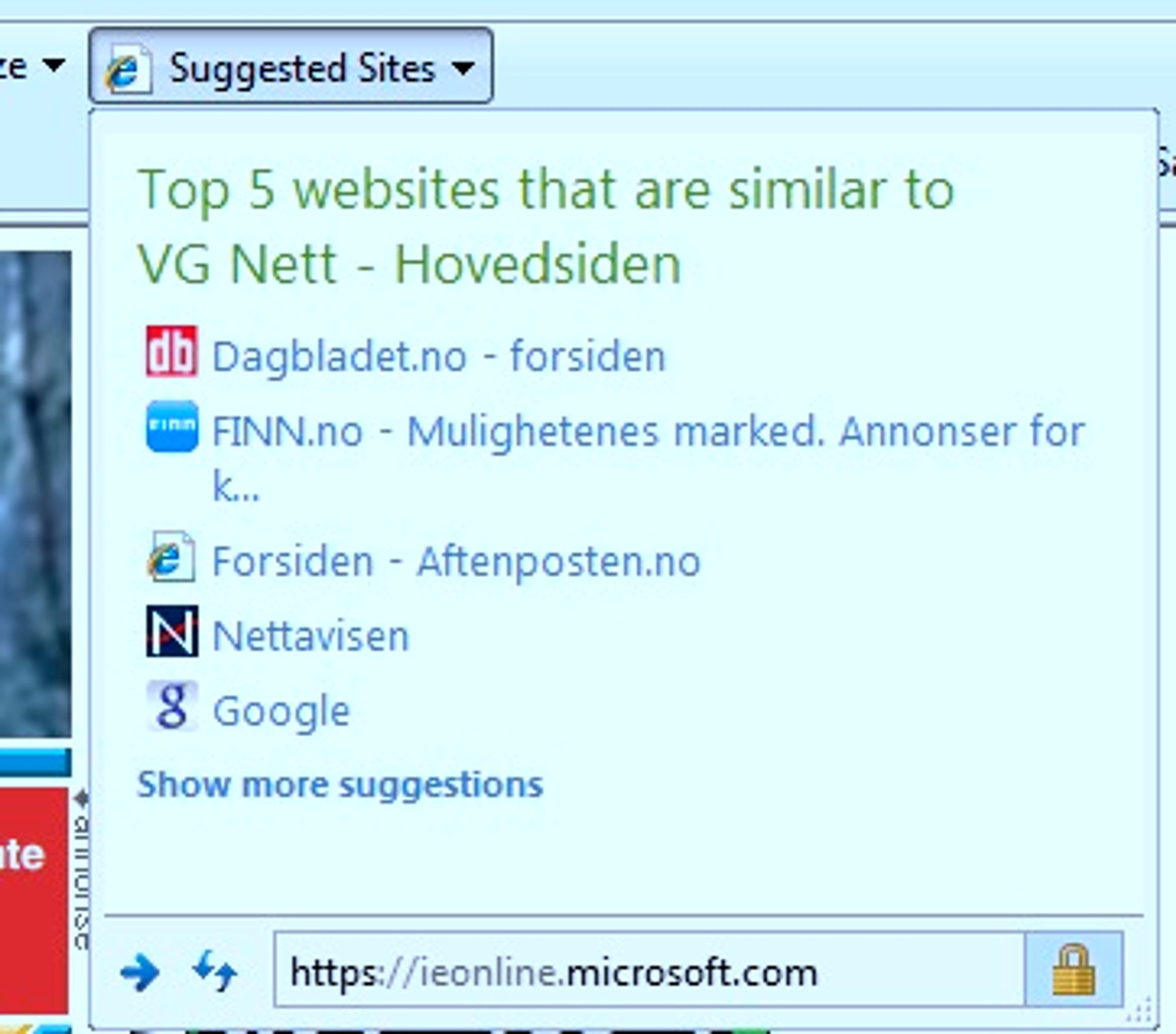 IE8 Suggested Sites ved besøk på VG Nett.