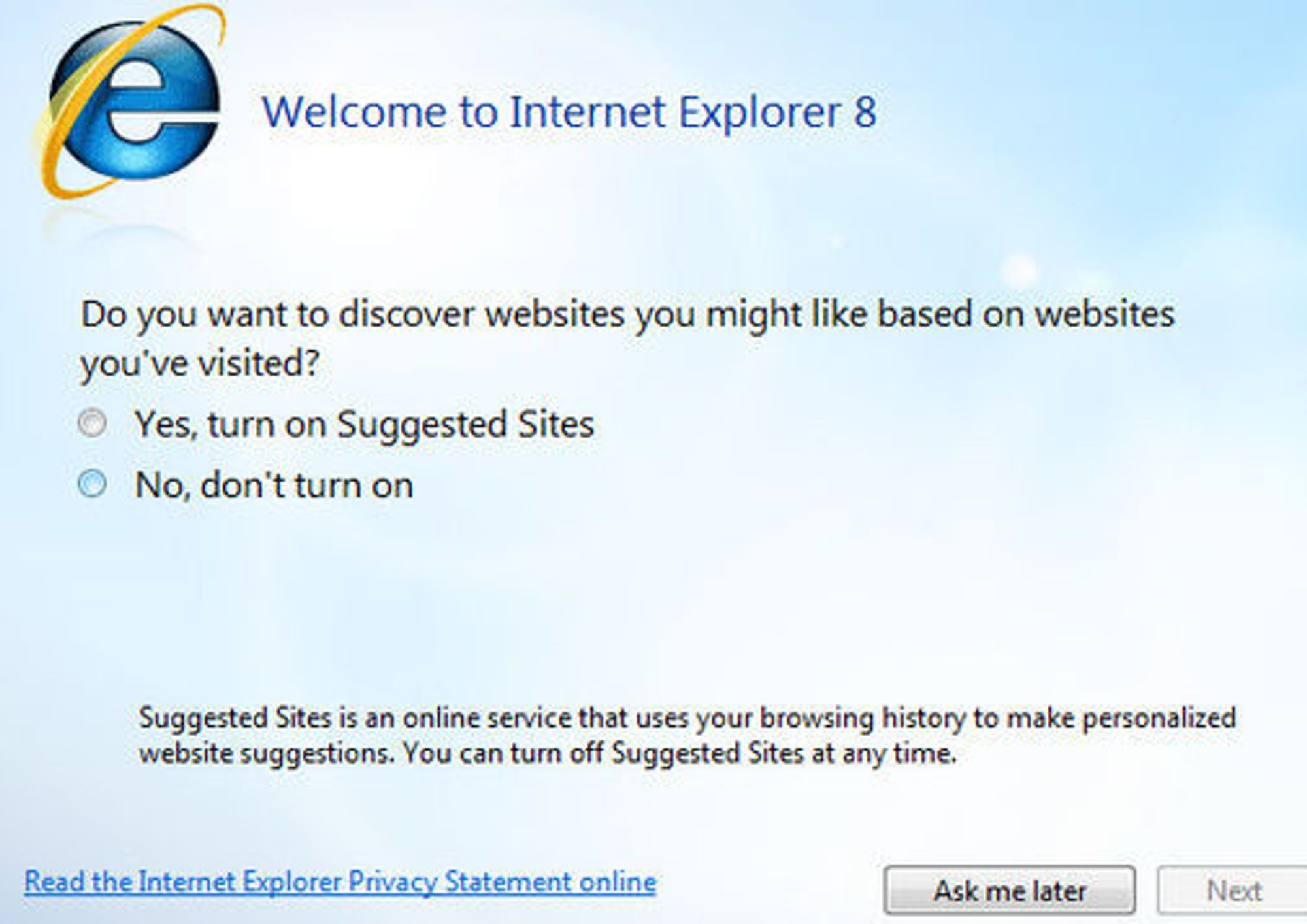 IE8 oppstartsvalg for Suggested Sites.
