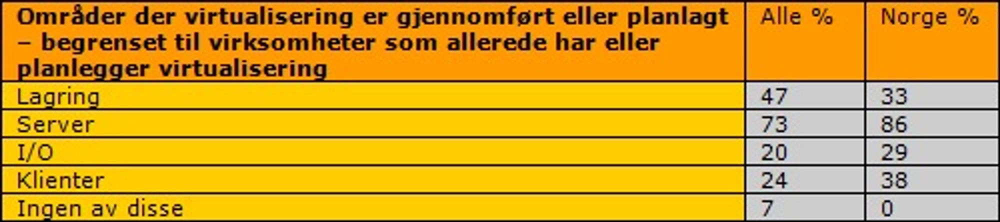 Det er servere som blinker seg ut som det mest interessante området å virtualisere. (Kilde: HP TSG Thought Leadership Project 2008)