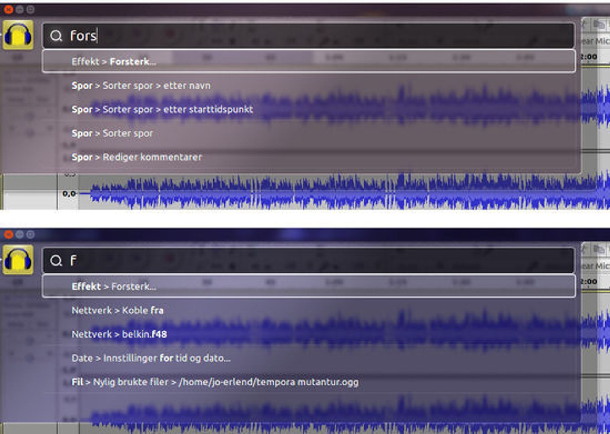HUD-grensesnittet i lydredigeringsprogrammet Audacity. Bildene viser hvor mye en bruker må skrive for å få fram riktig valg når brukeren nettopp har tatt i bruk systemet (øverst) og når systemet har lært brukeren å kjenne (nederst).