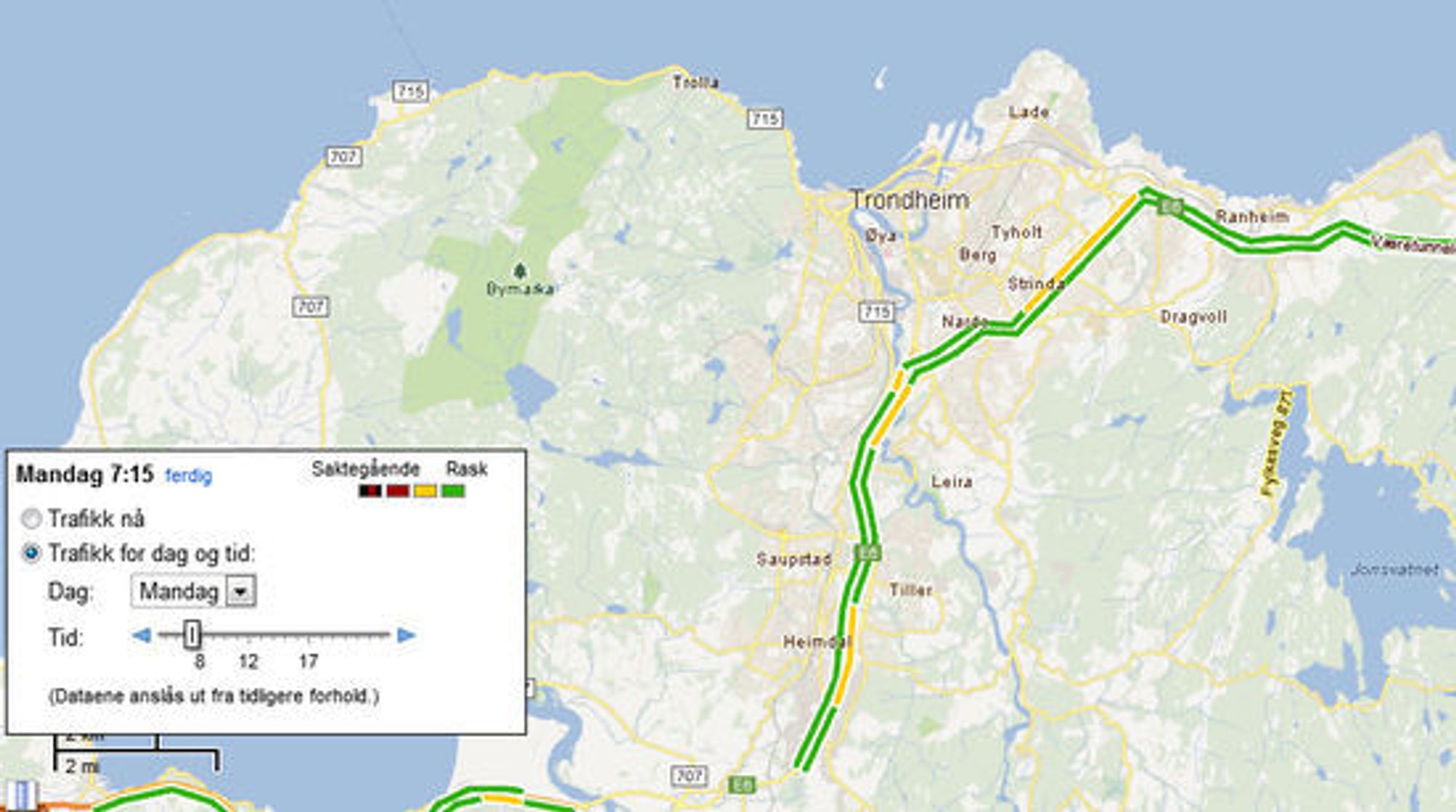 Normale trafikkforhold i Trondheim klokken 7.15 mandag morgen ifølge Google Maps. Visse strekninger er preget av litt mer saktegående trafikk enn det som er vanlig på andre tider av døgnet.