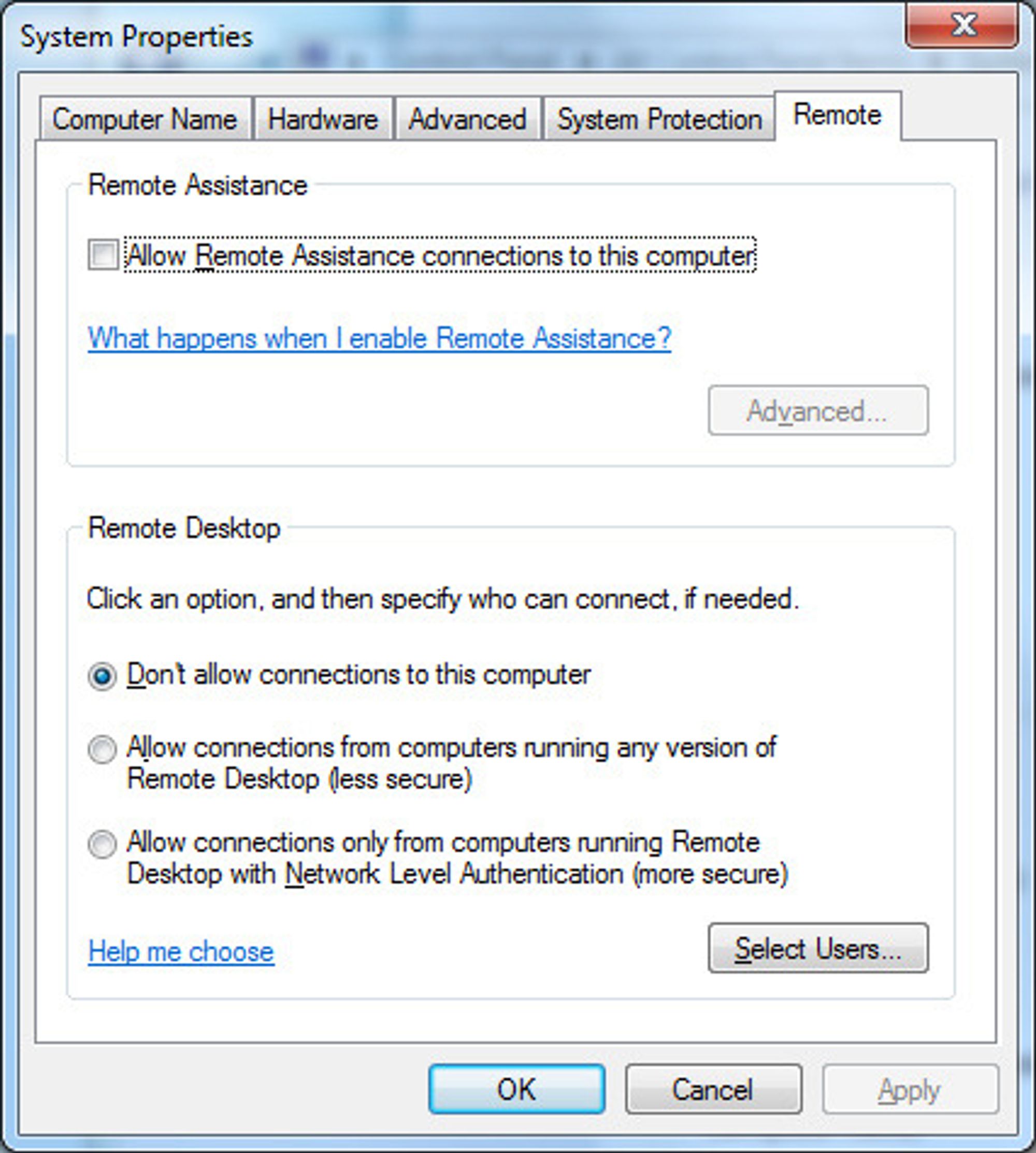 Aktivering av Remote Desktop-støtten i Windows 7.