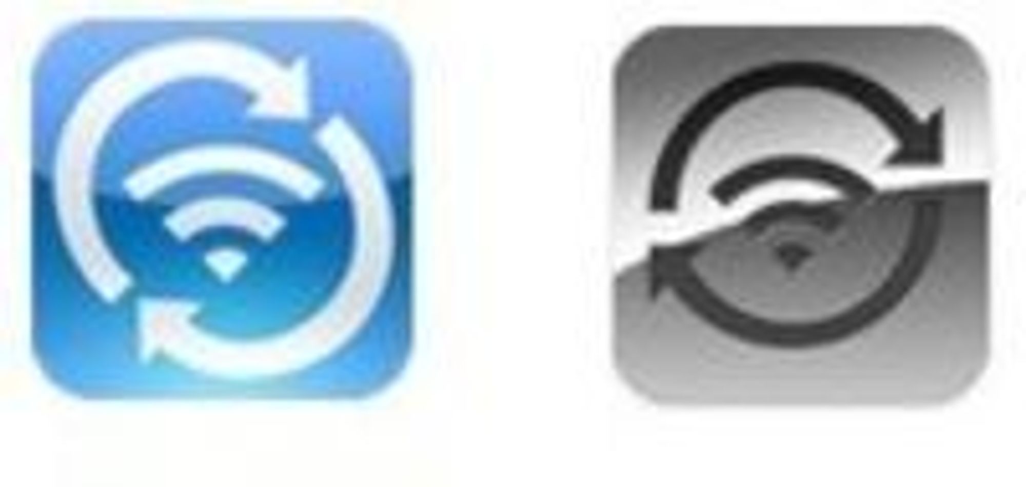 Greg Hughes' Wi-Fi Sync benytter ikonet til venstre. Apples symbol for funksjonen med samme navn til høyre.