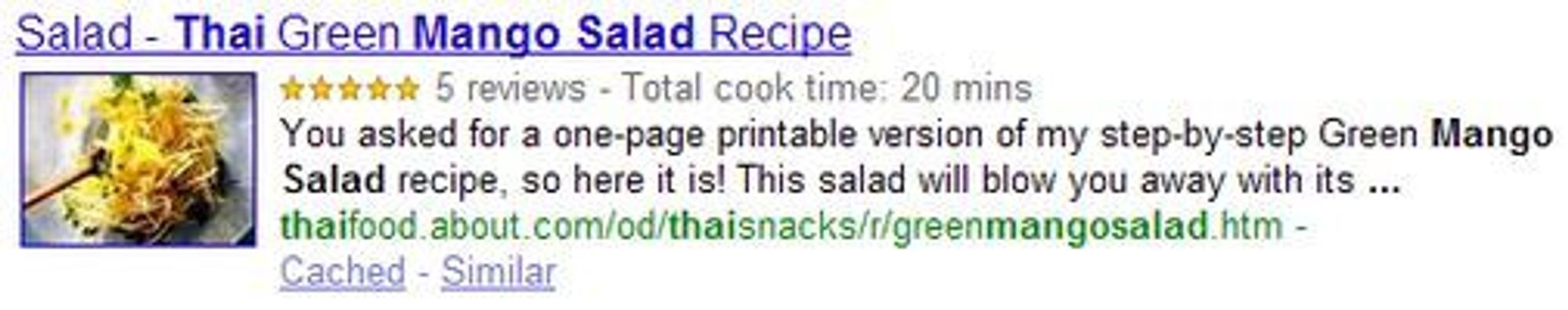 Utvidet søkeresultat når man søker etter «mango salad» i Googles søketjeneste.