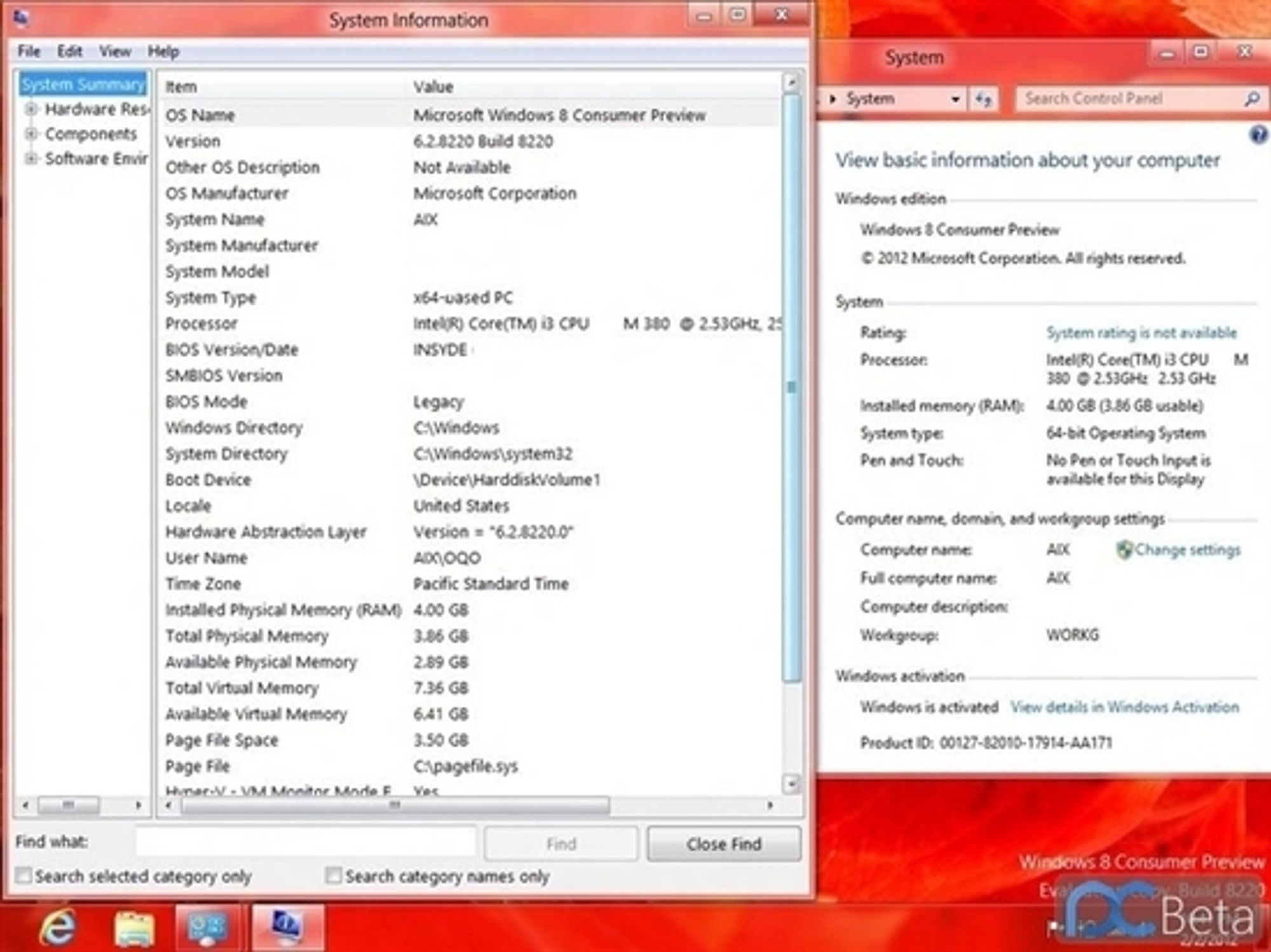 Slik ser angivelig skriverbordet i Windows 8 Consumer Preview ut, hvor startknappen ikke lenger er til stede.