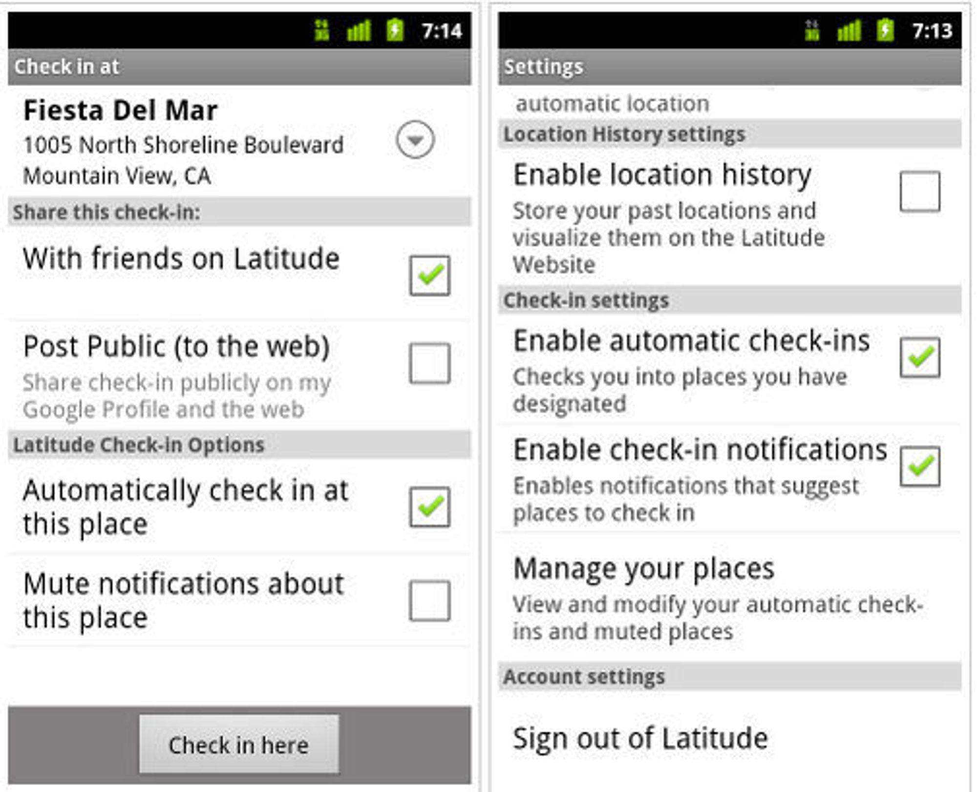 Personverninnstillinger for Google Latitude-innsjekkingen på Android.