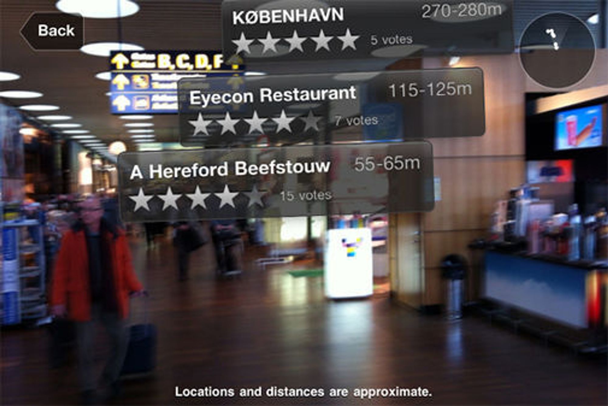Utvidet virkelighet i iPhone-applikasjonen til Københavns Lufthavn.