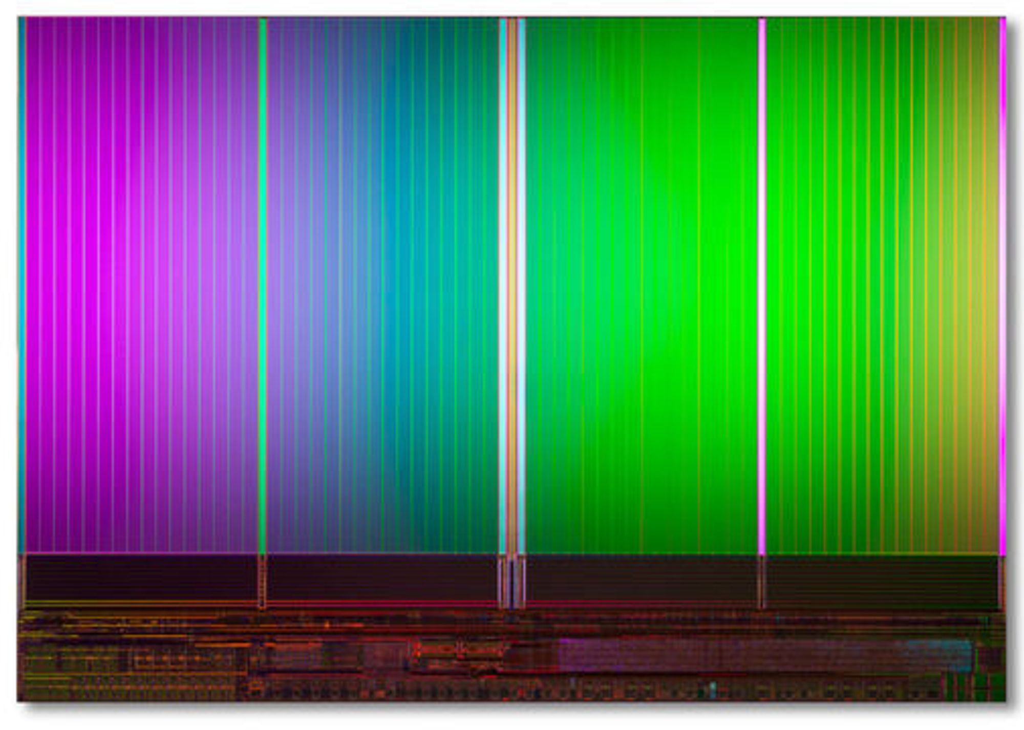 Innmaten av en 20 nanometers flashminnebrikke fra Intel og Micron med 8 gigabyte lagringskapasitet.
