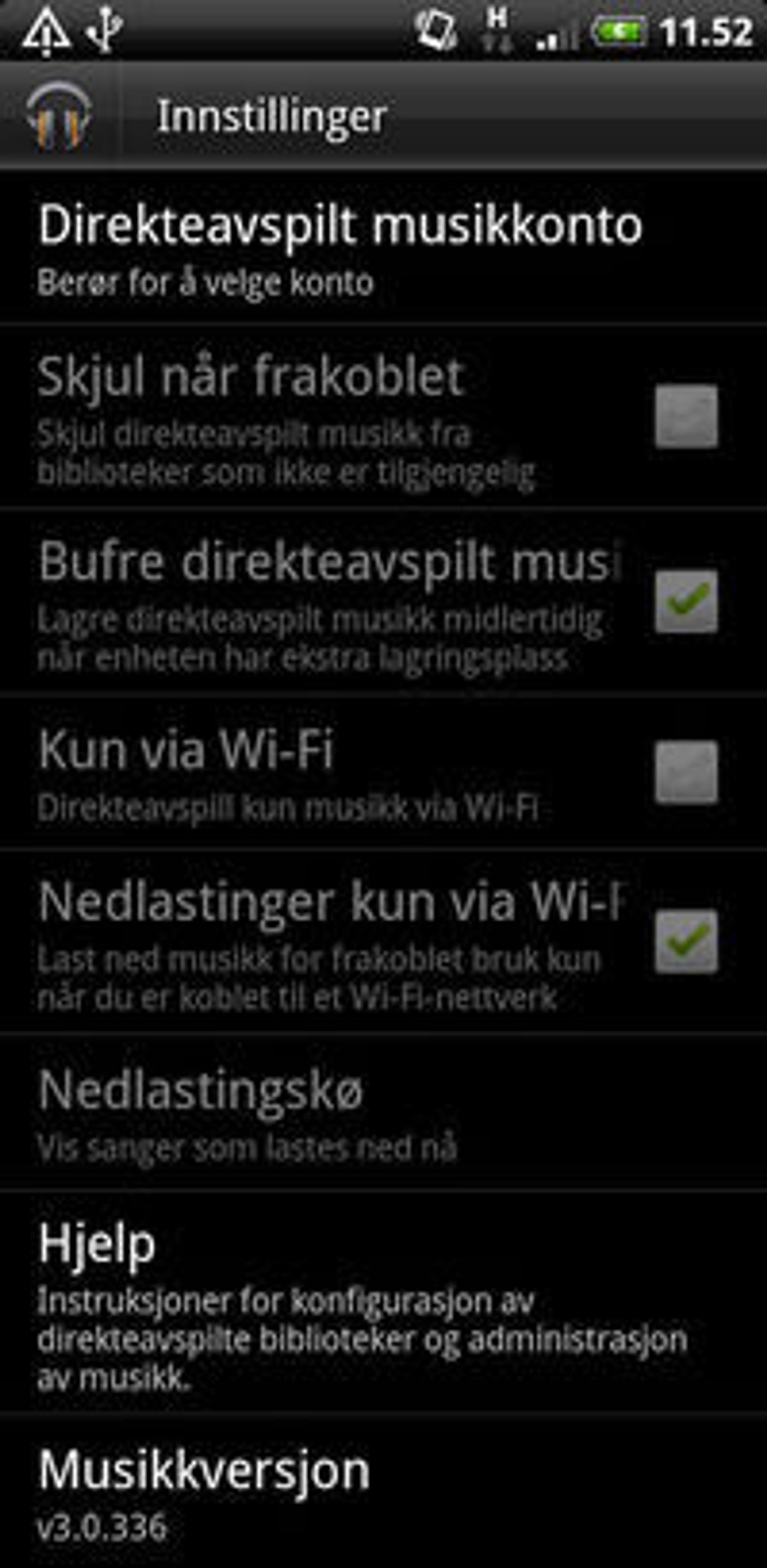 Innstillingene i testversjonen av Google Music 3 for Android.