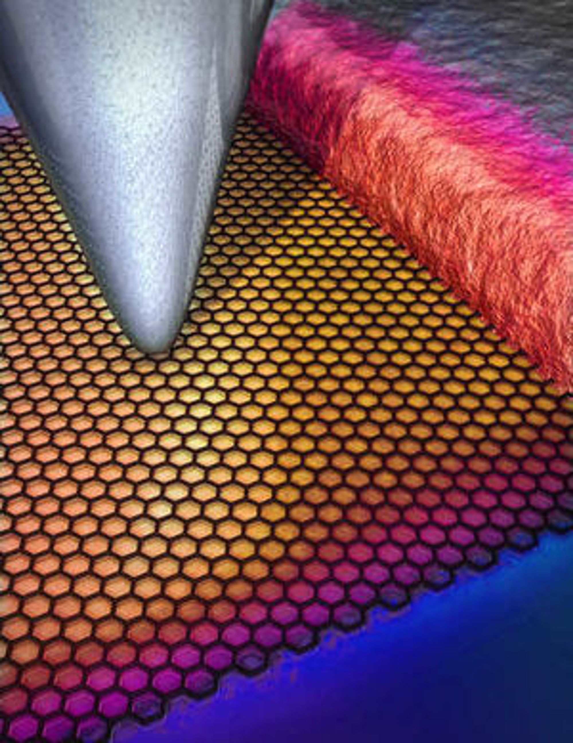 Tuppen til et atomkraftmikroskop skanner overflaten til en grafen-metall-kontakt for å måle temperaturen i punkter med en avstand på 10 nanometer og med en nøyaktighet på 250 mK. I bildet representeres temperaturdataene av ulike farger.