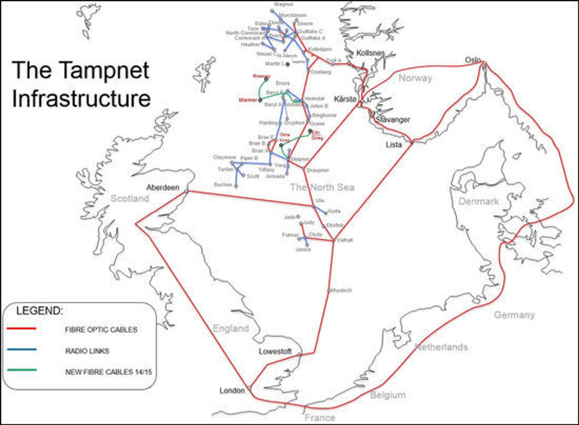 Tampnets fiber strekker seg fra Norge til England og Skottland via norsk sokkel. 
