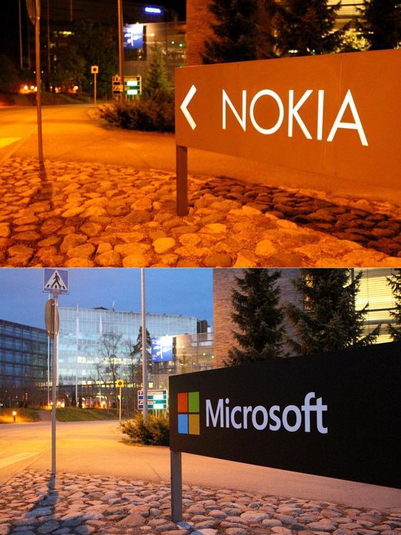 Perioden er preget av at Nokias- mobildivisjon nå er del av Microsoft. Bildet viser at selskapet har erstattet skiltet ved Nokias gamle hovedkvarter i den finske byen Espoo.