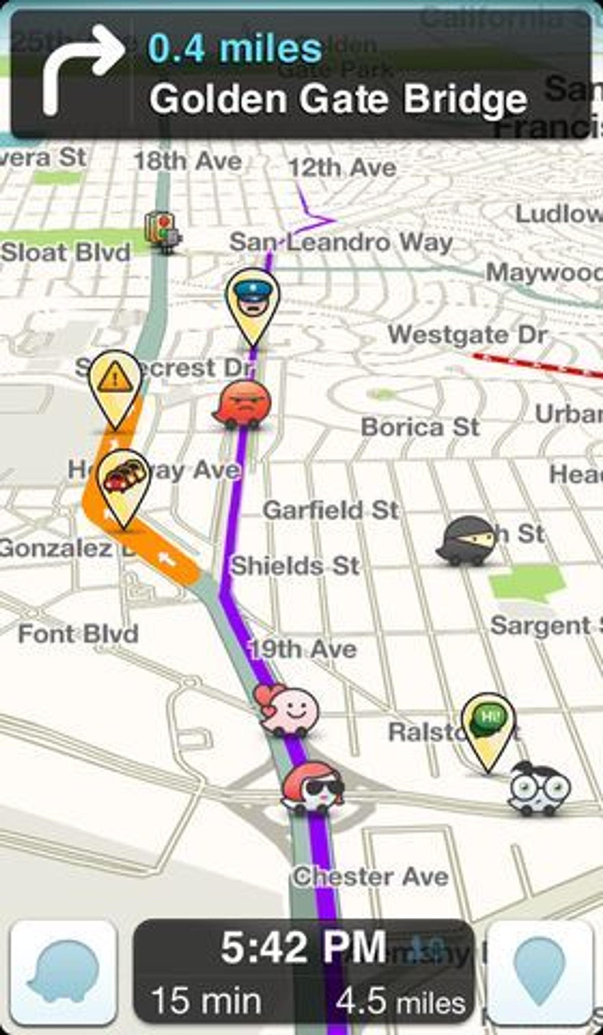 Waze-applikasjonen viser på kartet hvor det finnes ulike hindringer i veien, inkludert politikontroller og kø.