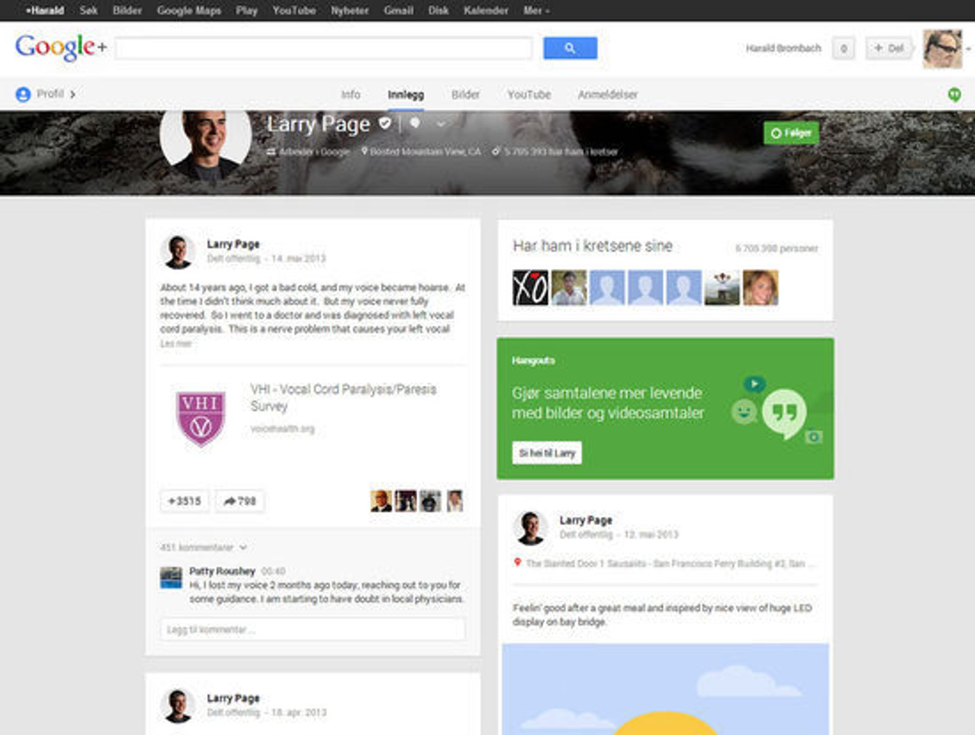 Google+-profilen til Larry Page etter redesignen. Her vist med to spalter.