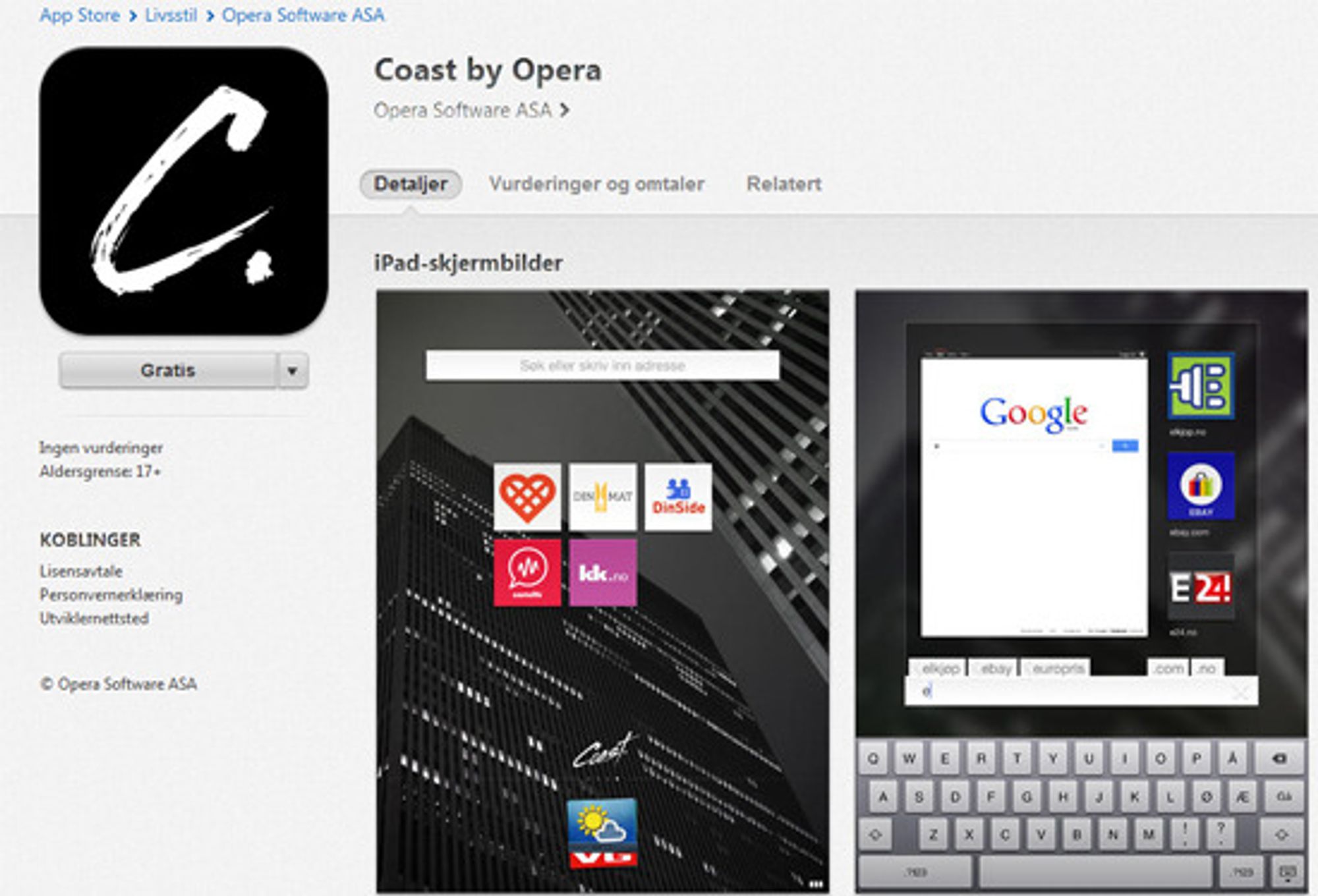 Coast by Opera er produktets fulle navn. Her ser vi skjermbilder av hjemskjermen og det kombinerte søke- og adressefeltet. Nettleseren ble utgitt i App Store til iPad nå for bare noen minutter siden.
